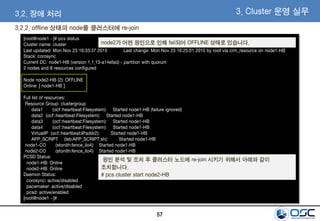 57
3. Cluster 운영 실무
[root@node1 ~]# pcs status
Cluster name: cluster
Last updated: Mon Nov 23 16:33:37 2015 Last change: Mon Nov 23 16:25:01 2015 by root via crm_resource on node1-HB
Stack: corosync
Current DC: node1-HB (version 1.1.13-a14efad) - partition with quorum
2 nodes and 8 resources configured
Node node2-HB (2): OFFLINE
Online: [ node1-HB ]
Full list of resources:
Resource Group: clustergroup
data1 (ocf::heartbeat:Filesystem): Started node1-HB (failure ignored)
data2 (ocf::heartbeat:Filesystem): Started node1-HB
data3 (ocf::heartbeat:Filesystem): Started node1-HB
data4 (ocf::heartbeat:Filesystem): Started node1-HB
VirtualIP (ocf::heartbeat:IPaddr2): Started node1-HB
APP_SCRIPT (lsb:APP_SCRIPT.sh): Started node1-HB
node1-CO (stonith:fence_ilo4): Started node1-HB
node2-CO (stonith:fence_ilo4): Started node1-HB
PCSD Status:
node1-HB: Online
node2-HB: Online
Daemon Status:
corosync: active/disabled
pacemaker: active/disabled
pcsd: active/enabled
[root@node1 ~]#
node2가 어떤 원인으로 인해 fail되어 OFFLINE 상태로 있습니다.
원인 분석 및 조치 후 클러스터 노드에 re-join 시키기 위해서 아래와 같이
조치합니다.
# pcs cluster start node2-HB
3.2. 장애 처리
3.2.2. offline 상태의 node를 클러스터에 re-join
 