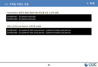 63
4.2. 구축용 커맨드 모음 4. 부록
[root@node1 ~]# passwd hacluster
[root@node2 ~]# passwd hacluster
hacluster(pcs 관리자 계정) 계정의 패스워드를 모든 노드에 설정
[root@node1 ~]# systemctl start pcsd.service ; systemctl enable pcsd.service
[root@node2 ~]# systemctl start pcsd.service ; systemctl enable pcsd.service
모든 노드의 pcsd daemon 시작 및 enable
 
