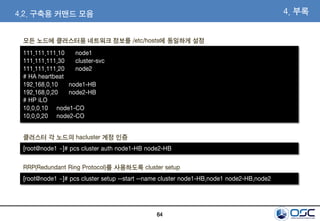 64
111.111.111.10 node1
111.111.111.30 cluster-svc
111.111.111.20 node2
# HA heartbeat
192.168.0.10 node1-HB
192.168.0.20 node2-HB
# HP iLO
10.0.0.10 node1-CO
10.0.0.20 node2-CO
4. 부록
모든 노드에 클러스터용 네트워크 정보를 /etc/hosts에 동일하게 설정
[root@node1 ~]# pcs cluster auth node1-HB node2-HB
클러스터 각 노드의 hacluster 계정 인증
[root@node1 ~]# pcs cluster setup --start --name cluster node1-HB,node1 node2-HB,node2
RRP(Redundant Ring Protocol)를 사용하도록 cluster setup
4.2. 구축용 커맨드 모음
 