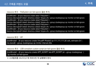 66
4. 부록
resource 추가 – FileSystem (on-fail=ignore 옵션 추가)
[root@node1 ~]# pcs resource create data1 Filesystem 
device=/dev/vgha01/data1 directory=/data1 fstype=xfs --group clustergroup op monitor on-fail=ignore
[root@node1 ~]# pcs resource create data2 Filesystem 
device=/dev/vgha01/data2 directory=/data2 fstype=xfs --group clustergroup op monitor on-fail=ignore
[root@node1 ~]# pcs resource create data3 Filesystem 
device=/dev/vgha01/data3 directory=/data3 fstype=xfs --group clustergroup op monitor on-fail=ignore
[root@node1 ~]# pcs resource create data4 Filesystem 
device=/dev/vgha01/data4 directory=/data4 fstype=xfs --group clustergroup op monitor on-fail=ignore
4.2. 구축용 커맨드 모음
[root@node1 ~]# pcs resource create VirtualIP IPaddr2 ip=111.111.111.30 cidr_netmask=24 
nic=bond0 --group clustergroup op minitor interval=30s
resource 추가 – VIP
[root@node1 ~]# pcs resource create APP_SCRIPT lsb:APP_SCRIPT.sh --group clustergroup 
op monitor on-fail=ignore
resource 추가 – LSB-compliant custom script (on-fail=ignore 옵션 추가)
※ 스크립트를 /etc/init.d/ 에 위치시킨 뒤 실행해야 한다
 