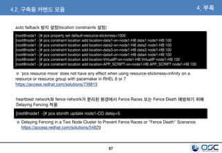 67
4. 부록
[root@node1 ~]# pcs stonith update node1-CO delay=5
heartbeat network와 fence network가 분리된 환경에서 Fence Races 또는 Fence Death 예방하기 위해
Delaying Fencing 적용
4.2. 구축용 커맨드 모음
※ Delaying Fencing in a Two Node Cluster to Prevent Fence Races or "Fence Death" Scenarios
https://access.redhat.com/solutions/54829
[root@node1 ~]# pcs property set default-resource-stickiness=1000
[root@node1 ~]# pcs constraint location add location-data1-on-node1-HB data1 node1-HB 100
[root@node1 ~]# pcs constraint location add location-data2-on-node1-HB data2 node1-HB 100
[root@node1 ~]# pcs constraint location add location-data3-on-node1-HB data3 node1-HB 100
[root@node1 ~]# pcs constraint location add location-data4-on-node1-HB data4 node1-HB 100
[root@node1 ~]# pcs constraint location add location-VirtualIP-on-node1-HB VirtualIP node1-HB 100
[root@node1 ~]# pcs constraint location add location-APP_SCRIPT-on-node1-HB APP_SCRIPT node1-HB 100
auto failback 방지 설정(location constraints 설정)
※ 'pcs resource move' does not have any effect when using resource-stickiness=infinity on a
resource or resource group with pacemaker in RHEL 6 or 7
https://access.redhat.com/solutions/739813
 
