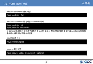 69
4. 부록
# pcs constraint --full
resource constraints 정보 확인
4.3. 운영용 커맨드 모음
# pcs constraint –full
# pcs constraint remove <id>
resource constraints 중 원하는 constraints 삭제
# systemctl start pcsd
pcsd 서비스 시작
※ constraints 정보는 임의로 변경하지 마십시오. 필요 시 전문가의 가이드를 받거나 constraints에 대해
충분히 이해한 뒤에 적용하십시오.
# pcs resource update <resource id> <options>
resource 옵션 변경
 