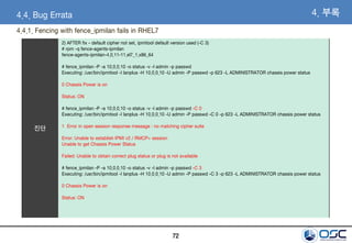 72
진단
2) AFTER fix - default cipher not set, ipmitool default version used (-C 3)
# rpm -q fence-agents-ipmilan
fence-agents-ipmilan-4.0.11-11.el7_1.x86_64
# fence_ipmilan -P -a 10.0.0.10 -o status -v -l admin -p passwd
Executing: /usr/bin/ipmitool -I lanplus -H 10.0.0.10 -U admin -P passwd -p 623 -L ADMINISTRATOR chassis power status
0 Chassis Power is on
Status: ON
# fence_ipmilan -P -a 10.0.0.10 -o status -v -l admin -p passwd -C 0
Executing: /usr/bin/ipmitool -I lanplus -H 10.0.0.10 -U admin -P passwd -C 0 -p 623 -L ADMINISTRATOR chassis power status
1 Error in open session response message : no matching cipher suite
Error: Unable to establish IPMI v2 / RMCP+ session
Unable to get Chassis Power Status
Failed: Unable to obtain correct plug status or plug is not available
# fence_ipmilan -P -a 10.0.0.10 -o status -v -l admin -p passwd -C 3
Executing: /usr/bin/ipmitool -I lanplus -H 10.0.0.10 -U admin -P passwd -C 3 -p 623 -L ADMINISTRATOR chassis power status
0 Chassis Power is on
Status: ON
4. 부록4.4. Bug Errata
4.4.1. Fencing with fence_ipmilan fails in RHEL7
 