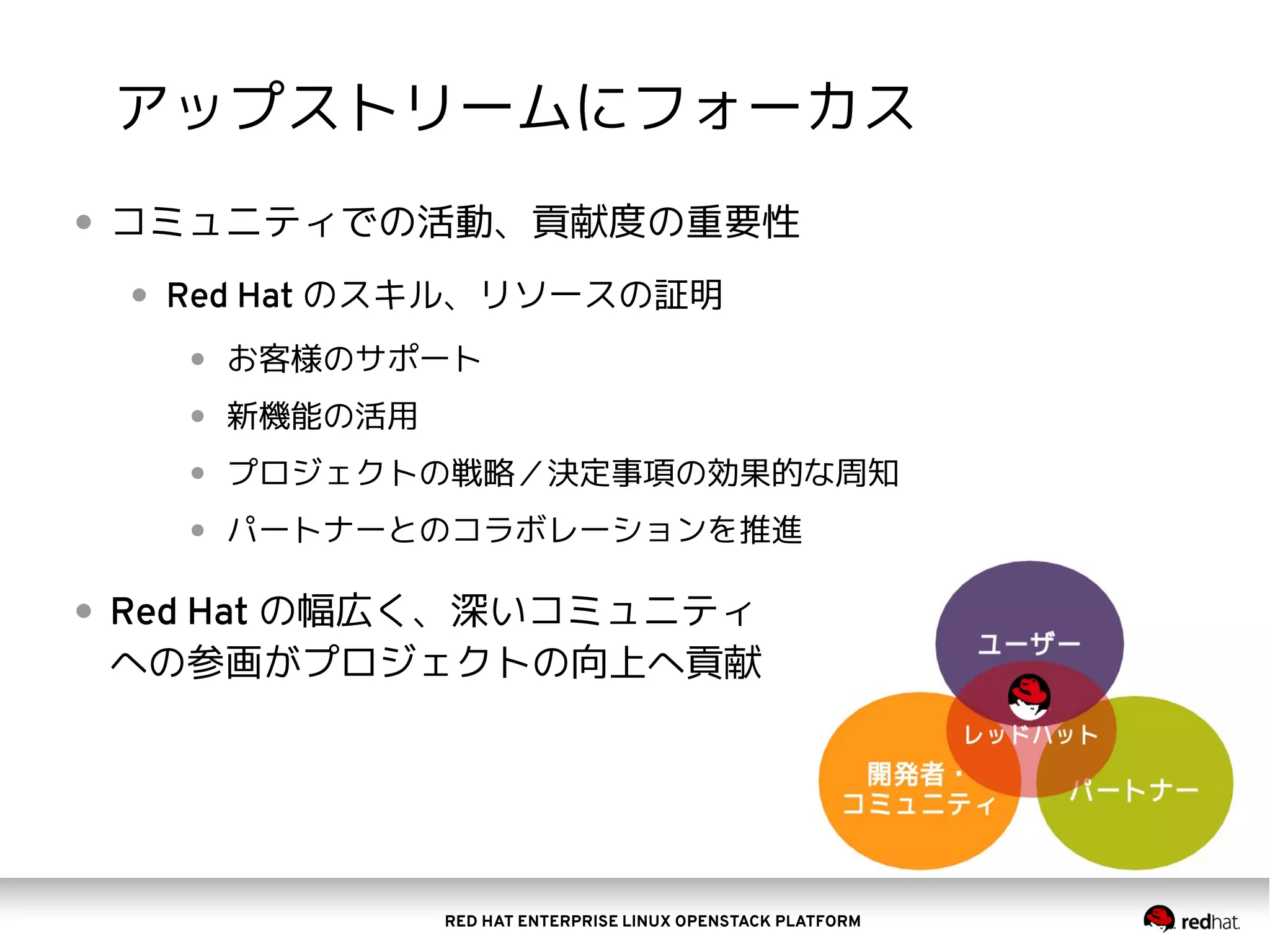 RED HAT ENTERPRISE LINUX OPENSTACK PLATFORM
アップストリームにフォーカス
● コミュニティでの活動、貢献度の重要性
● Red Hat のスキル、リソースの証明
● お客様のサポート
● 新機能の活用
● プロジェクトの戦略／決定事項の効果的な周知
● パートナーとのコラボレーションを推進
● Red Hat の幅広く、深いコミュニティ
への参画がプロジェクトの向上へ貢献
 