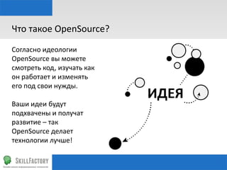 Что	
  такое	
  OpenSource?	
  
Согласно	
  идеологии	
  
OpenSource	
  вы	
  можете	
  
смотреть	
  код,	
  изучать	
  как	
  
он	
  работает	
  и	
  изменять	
  
его	
  под	
  свои	
  нужды.	
  
	
  
Ваши	
  идеи	
  будут	
  
подхвачены	
  и	
  получат	
  
развитие	
  –	
  так	
  
OpenSource	
  делает	
  
технологии	
  лучше!	
  	
  

 