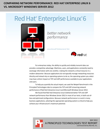 MAY 2013
A PRINCIPLED TECHNOLOGIES TEST REPORT
Commissioned by Red Hat, Inc.
COMPARING NETWORK PERFORMANCE: RED HAT ENTERPRISE LINUX 6
VS. MICROSOFT WINDOWS SERVER 2012
For enterprises today, the ability to quickly and reliably transmit data can
provide a competitive advantage. Machines, users, and applications constantly need to
exchange information with one another, making the network a critical resource in a
modern datacenter. Because applications do not typically manage networking resources
directly and instead rely on operating systems to do so, the operating system you select
may have a direct impact on TCP and UDP performance available to your applications
and users.
To help you quantify the actual impact, we used the Netperf benchmark in the
Principled Technologies labs to compare the TCP and UDP streaming network
performance of Red Hat Enterprise Linux 6 and Microsoft Windows Server 2012.
We found that Red Hat Enterprise Linux 6 delivered better TCP and UDP
network performance than Windows Server 2012 in most of our tests, in both out-of-
box and optimized configurations. Because network performance is crucial in many
business applications, selecting the appropriate operating system is critical to help you
achieve your infrastructure’s maximum potential.
 