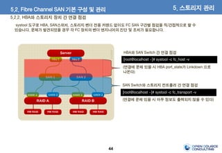 44
5.2. Fibre Channel SAN 기본 구성 및 관리 5. 스토리지 관리
(연결에 문제 있을 시 HBA port_state가 Linkdown 으로
나온다)
[root@localhost ~]# systool -c fc_host -v
(연결에 문제 있을 시 아무 정보도 출력되지 않을 수 있다)
[root@localhost ~]# systool -c fc_transport -v
SAN Switch와 스토리지 컨트롤러 간 연결 점검
HBA와 SAN Switch 간 연결 점검
systool 도구로 HBA, SAN스위치, 스토리지 벤더 전용 커맨드 없이도 FC SAN 구간별 점검을 직/간접적으로 할 수
있습니다. 문제가 발견되었을 경우 각 FC 장치의 벤더 엔지니어의 진단 및 조치가 필요합니다.
5.2.2. HBA와 스토리지 장치 간 연결 점검
 