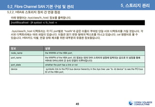 45
5.2. Fibre Channel SAN 기본 구성 및 관리 5. 스토리지 관리
정보 설명
node_name the WWNN of the HBA port.
port_name the WWPN of the HBA port. (이 정보는 대개 SAN 스위치의 설정에 입력되는 값으로 이 설정을 통해
HBA와 SAN스위치 간 논리 연결이 이루어집니다)
port_state whether the port has a link or not
device symbolic link to the PCI bus device hierarchy in the /sys tree: use "ls -ld device" to see the PCI bus
ID of the HBA port.
[root@localhost ~]# systool -c fc_host -v
/sys/class/fc_host 디렉토리는 각 FC port별로 "hostN"과 같은 이름이 부여된 단일 서브 디렉토리를 가질 것입니다. 각
서브 디렉토리에는 여러 파일이 있습니다. 이들은 읽기 편한 형태의 텍스트를 지니고 있습니다. cat 명령어로 볼 수
있습니다. HBA카드 식별, 연결 상태 체크를 위한 대부분의 유용한 정보들입니다.
5.2.2. HBA와 스토리지 장치 간 연결 점검
아래 명령어는 /sys/class/fc_host/ 정보를 출력합니다.
 
