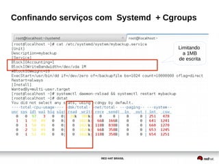 RED HAT BRASIL
Confinando serviços com Systemd + Cgroups
Limitando
a 1MB
de escrita
 