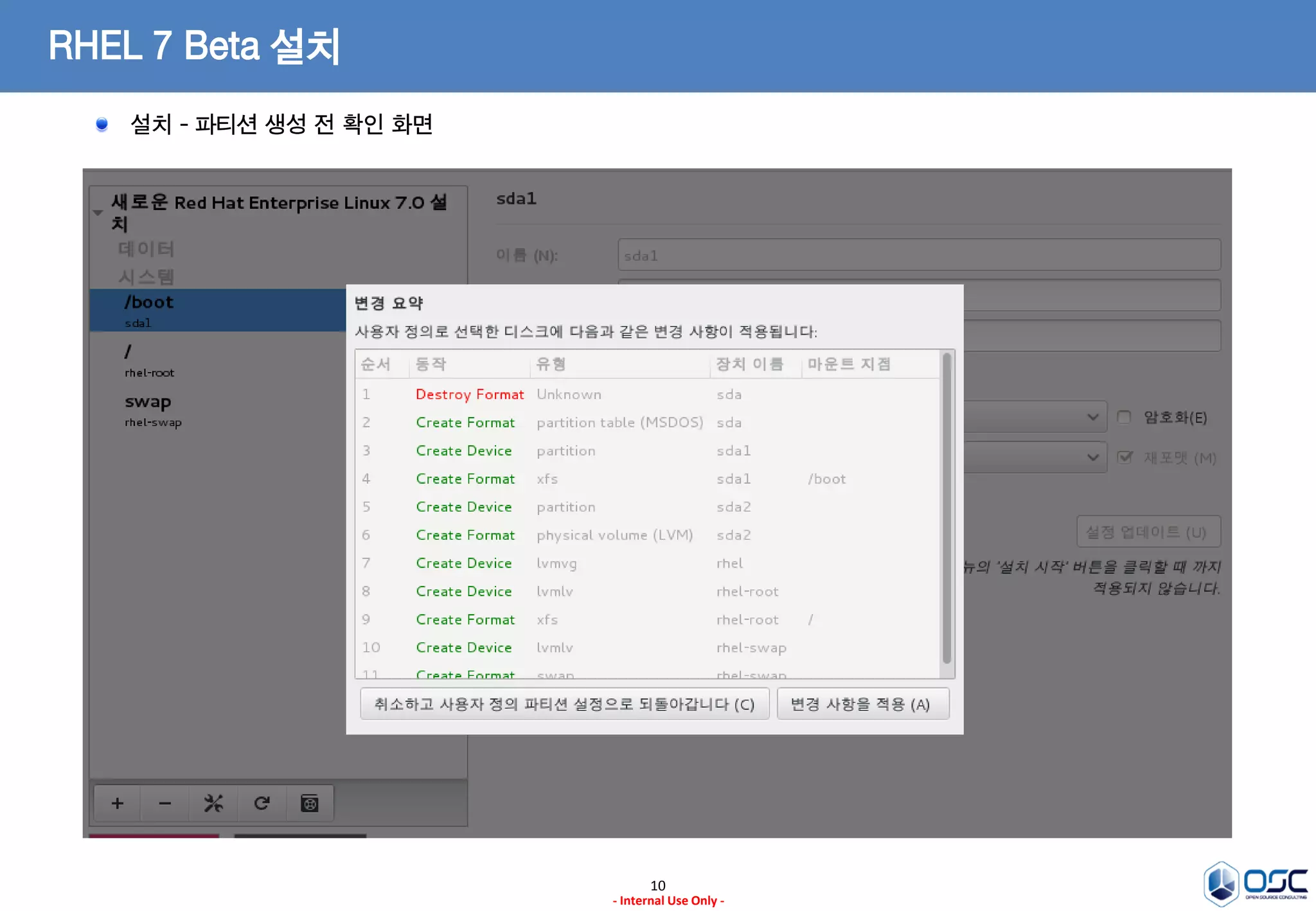 10
- Internal Use Only -
RHEL 7 Beta 설치
설치 - 파티션 생성 전 확인 화면
 