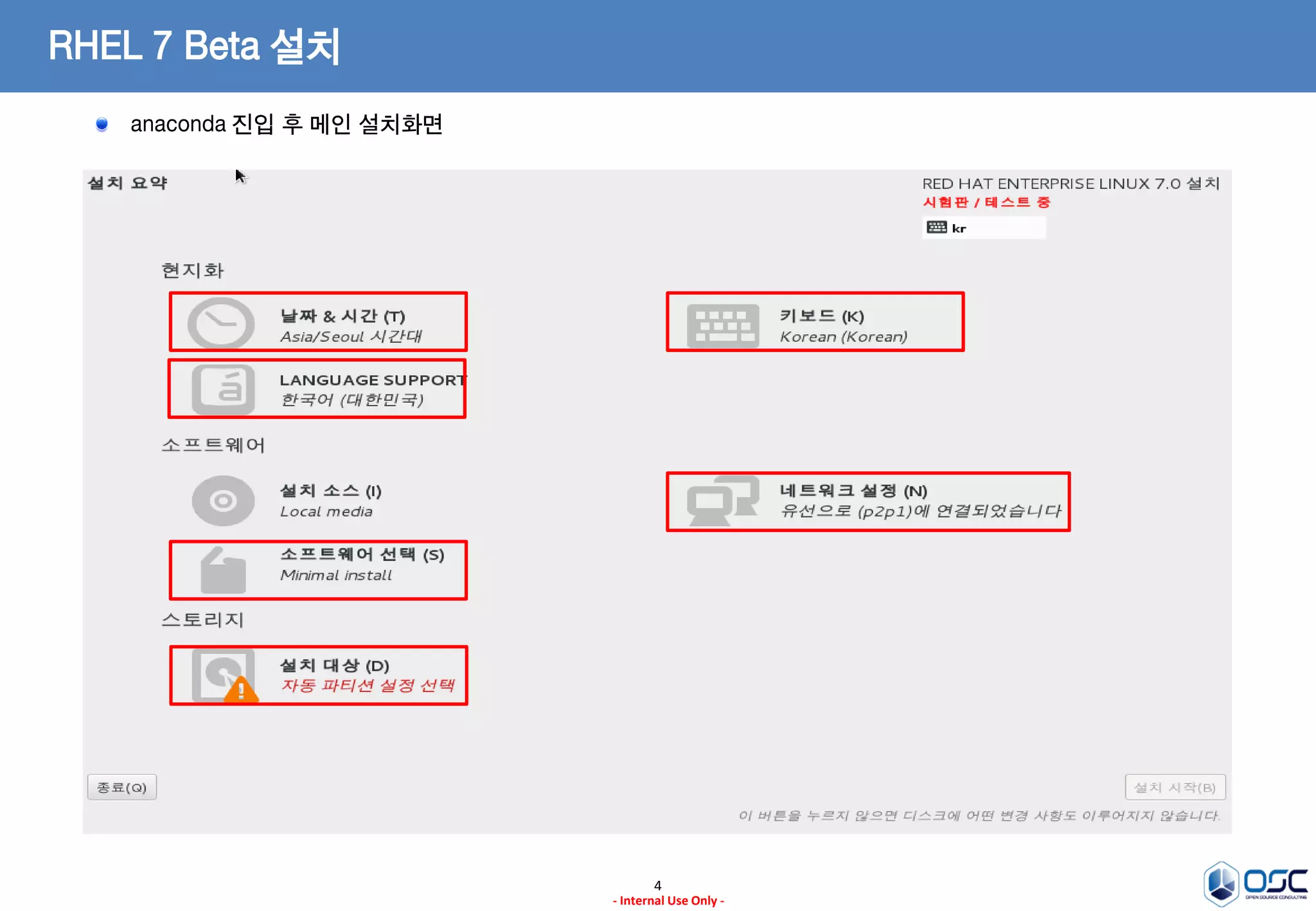 4
- Internal Use Only -
RHEL 7 Beta 설치
anaconda 진입 후 메인 설치화면
 