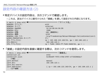 10
RHEL7/CentOS7 NetworkManager徹底入門
設定内容の確認方法 (2)
 特定デバイスの設定内容は、次のコマンドで確認します。
– これは、該当デバイスに紐付けられた「接続」を通して設定された内容になります。
 「接続」の設定内容を直接に確認する際は、次のコマンドを使用します。
# nmcli c show eth2
connection.id: eth2
connection.uuid: bc302e8f-f5f3-478d-bf87-e77d3288dac7
...（中略）...
ipv4.method: manual
ipv4.dns: 192.168.122.1
ipv4.dns-search:
ipv4.addresses: { ip = 192.168.122.102/24, gw = 192.168.122.1 }
...（以下省略）...
# nmcli d show eth2
GENERAL.デバイス: eth2
GENERAL.タイプ: ethernet
GENERAL.HWADDR: 52:54:00:84:56:D9
GENERAL.MTU: 1500
GENERAL.状態: 100 (接続済み)
GENERAL.接続: eth0
GENERAL.CON パス: /org/freedesktop/NetworkManager/ActiveConnection/1
WIRED-PROPERTIES.キャリア: オン
IP4.アドレス[1]: ip = 192.168.122.102/24, gw = 192.168.122.1
IP4.DNS[1]: 192.168.122.1
IP6.アドレス[1]: ip = fe80::5054:ff:fe84:56d9/64, gw = ::
「デバイス名」
「接続名」
 