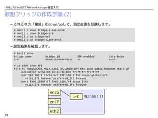 19
RHEL7/CentOS7 NetworkManager徹底入門
仮想ブリッジの作成手順 (2)
– それぞれの「接続」をdown/upして、設定変更を反映します。
– 設定結果を確認します。
# brctl show
bridge name bridge id STP enabled interfaces
br0 8000.525400eb919c no ens6
# ip addr show br0
6: br0: <BROADCAST,MULTICAST,UP,LOWER_UP> mtu 1500 qdisc noqueue state UP
link/ether 52:54:00:eb:91:9c brd ff:ff:ff:ff:ff:ff
inet 192.168.1.11/24 brd 192.168.1.255 scope global br0
valid_lft forever preferred_lft forever
inet6 fe80::5054:ff:feeb:919c/64 scope link
valid_lft forever preferred_lft forever
# nmcli c down bridge-slave-ens6
# nmcli c down bridge-br0
# nmcli c up bridge-br0
# nmcli c up bridge-slave-ens6
eth2
ens7
br0 192.168.1.11
ens6
 