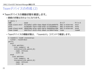 25
RHEL7/CentOS7 NetworkManager徹底入門
Teamデバイスの作成 (2)
 Teamデバイスの稼動状態を確認します。
– 接続の状態は次のようになります。
– Teamデバイスの稼動状態は、「teamdctl」コマンドで確認します。
# teamdctl team0 state
setup:
runner: roundrobin
ports:
ens7
link watches:
link summary: up
instance[link_watch_0]:
name: ethtool
link: up
ens6
link watches:
link summary: up
instance[link_watch_0]:
name: ethtool
link: up
# nmcli c
名前 UUID タイプ デバイス
team-slave-ens7 0114a0a7-e3f0-43aa-9ba8-b716ca9d55f9 802-3-ethernet ens7
eth2 bc302e8f-f5f3-478d-bf87-e77d3288dac7 802-3-ethernet eth2
team-slave-ens6 00d62380-6f5a-4d53-887d-3509d65ec400 802-3-ethernet ens6
Team-team0 869751cf-d123-4fa1-88a6-ce7d86474e5a team team0
 
