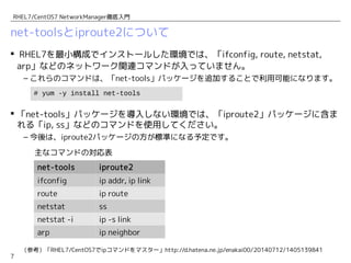 7
RHEL7/CentOS7 NetworkManager徹底入門
net-toolsとiproute2について
 RHEL7を最小構成でインストールした環境では、「ifconfig, route, netstat,
arp」などのネットワーク関連コマンドが入っていません。
– これらのコマンドは、「net-tools」パッケージを追加することで利用可能になります。
 「net-tools」パッケージを導入しない環境では、「iproute2」パッケージに含ま
れる「ip, ss」などのコマンドを使用してください。
– 今後は、iproute2パッケージの方が標準になる予定です。
# yum -y install net-tools
net-tools iproute2
ifconfig ip addr, ip link
route ip route
netstat ss
netstat -i ip -s link
arp ip neighbor
主なコマンドの対応表
（参考）「RHEL7/CentOS7でipコマンドをマスター」http://d.hatena.ne.jp/enakai00/20140712/1405139841
 