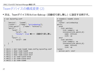 27
RHEL7/CentOS7 NetworkManager徹底入門
Teamデバイスの構成変更 (2)
 次は、TeamデバイスをActive-Bakcup（自動切り戻し無し）に設定する例です。
# cat myconfig.conf
{...