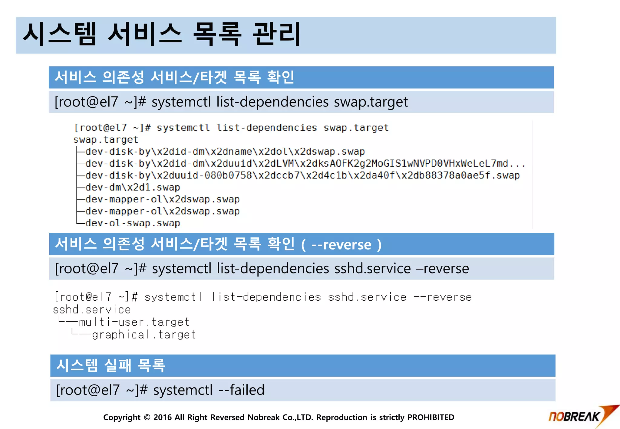 Copyright © 2016 All Right Reversed Nobreak Co.,LTD. Reproduction is strictly PROHIBITED
시스템 서비스 목록 관리
시스템 실패 목록
[root@el7 ~]# systemctl --failed
서비스 의존성 서비스/타겟 목록 확인
[root@el7 ~]# systemctl list-dependencies swap.target
서비스 의존성 서비스/타겟 목록 확인 ( --reverse )
[root@el7 ~]# systemctl list-dependencies sshd.service –reverse
 