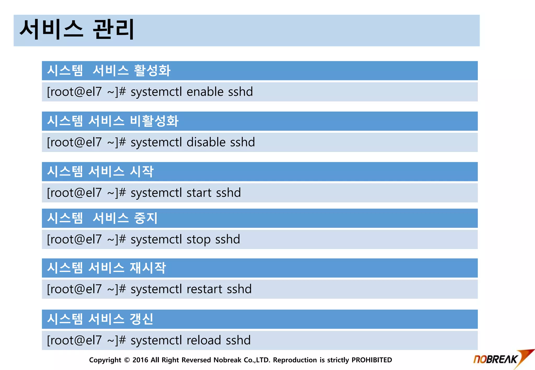 Copyright © 2016 All Right Reversed Nobreak Co.,LTD. Reproduction is strictly PROHIBITED
서비스 관리
시스템 서비스 활성화
[root@el7 ~]# systemctl enable sshd
시스템 서비스 비활성화
[root@el7 ~]# systemctl disable sshd
시스템 서비스 시작
[root@el7 ~]# systemctl start sshd
시스템 서비스 중지
[root@el7 ~]# systemctl stop sshd
시스템 서비스 재시작
[root@el7 ~]# systemctl restart sshd
시스템 서비스 갱신
[root@el7 ~]# systemctl reload sshd
 