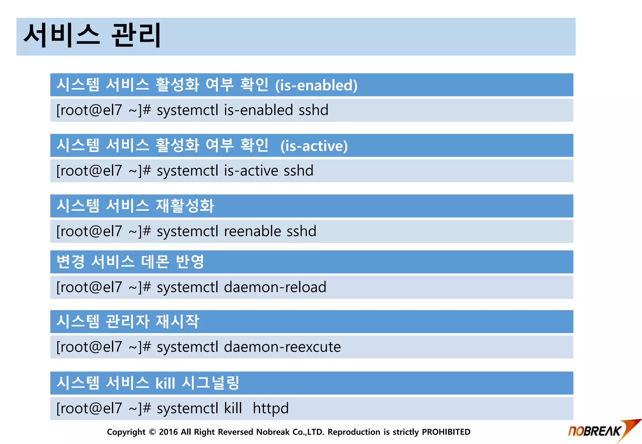 Copyright © 2016 All Right Reversed Nobreak Co.,LTD. Reproduction is strictly PROHIBITED
서비스 관리
시스템 서비스 활성화 여부 확인 (is-enabled)
[root@el7 ~]# systemctl is-enabled sshd
시스템 서비스 활성화 여부 확인 (is-active)
[root@el7 ~]# systemctl is-active sshd
시스템 서비스 재활성화
[root@el7 ~]# systemctl reenable sshd
변경 서비스 데몬 반영
[root@el7 ~]# systemctl daemon-reload
시스템 관리자 재시작
[root@el7 ~]# systemctl daemon-reexcute
시스템 서비스 kill 시그널링
[root@el7 ~]# systemctl kill httpd
 