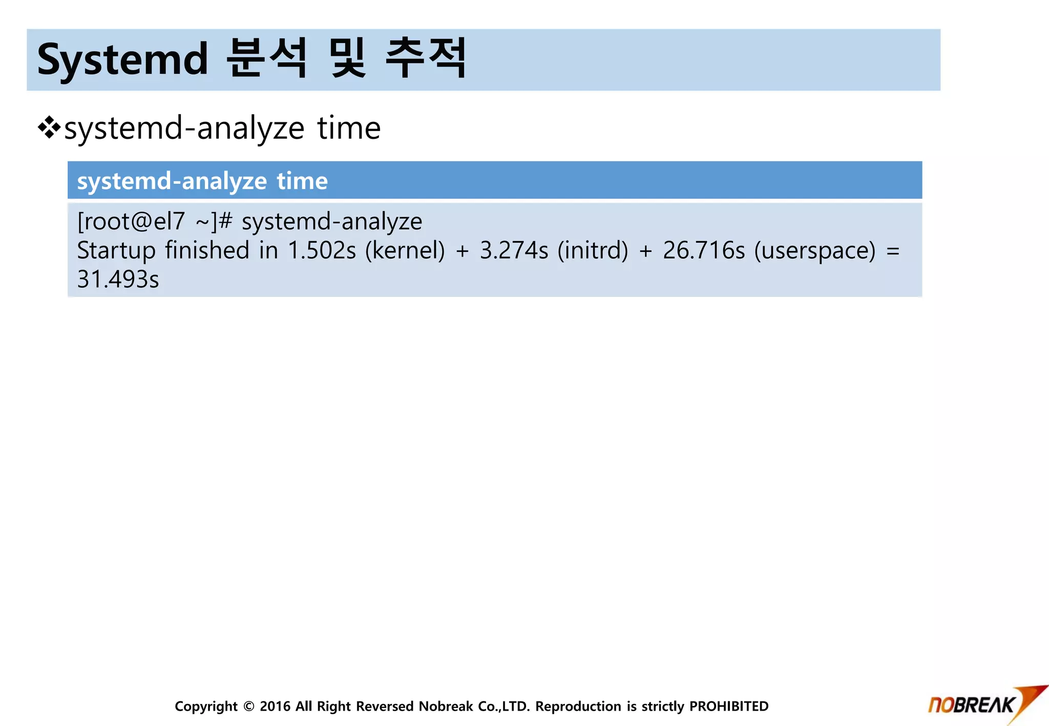 Copyright © 2016 All Right Reversed Nobreak Co.,LTD. Reproduction is strictly PROHIBITED
Systemd 분석 및 추적
systemd-analyze time
systemd-analyze time
[root@el7 ~]# systemd-analyze
Startup finished in 1.502s (kernel) + 3.274s (initrd) + 26.716s (userspace) =
31.493s
 