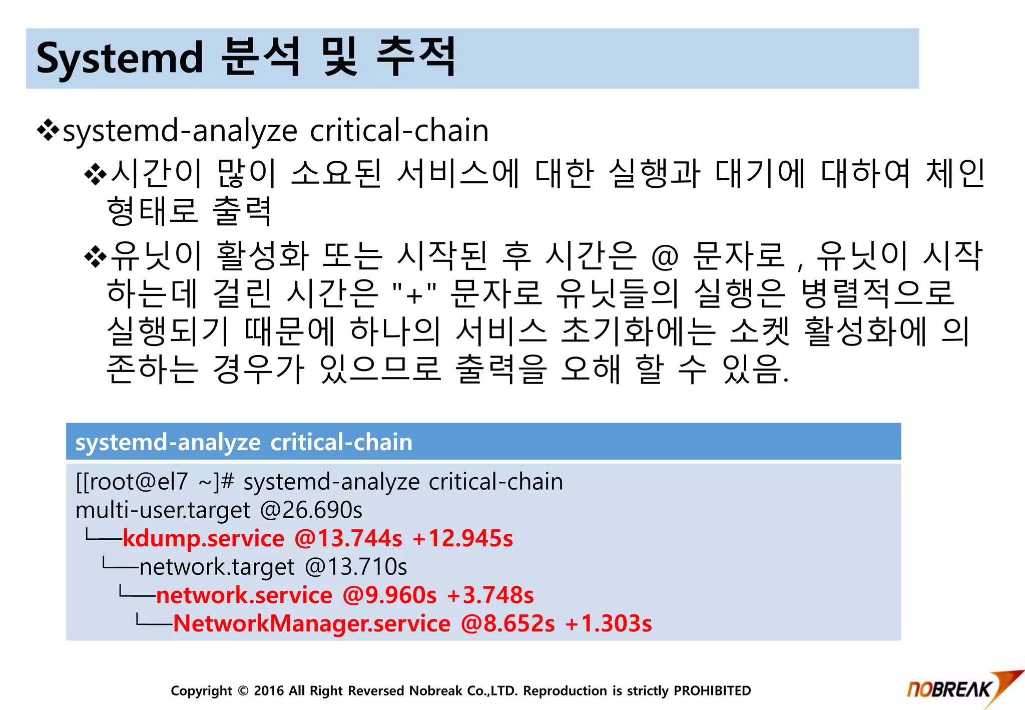Copyright © 2016 All Right Reversed Nobreak Co.,LTD. Reproduction is strictly PROHIBITED
Systemd 분석 및 추적
systemd-analyze critical-chain
시간이 많이 소요된 서비스에 대한 실행과 대기에 대하여 체인
형태로 출력
유닛이 활성화 또는 시작된 후 시간은 @ 문자로 , 유닛이 시작
하는데 걸린 시간은 "+" 문자로 유닛들의 실행은 병렬적으로
실행되기 때문에 하나의 서비스 초기화에는 소켓 활성화에 의
존하는 경우가 있으므로 출력을 오해 할 수 있음.
systemd-analyze critical-chain
[[root@el7 ~]# systemd-analyze critical-chain
multi-user.target @26.690s
└─kdump.service @13.744s +12.945s
└─network.target @13.710s
└─network.service @9.960s +3.748s
└─NetworkManager.service @8.652s +1.303s
 