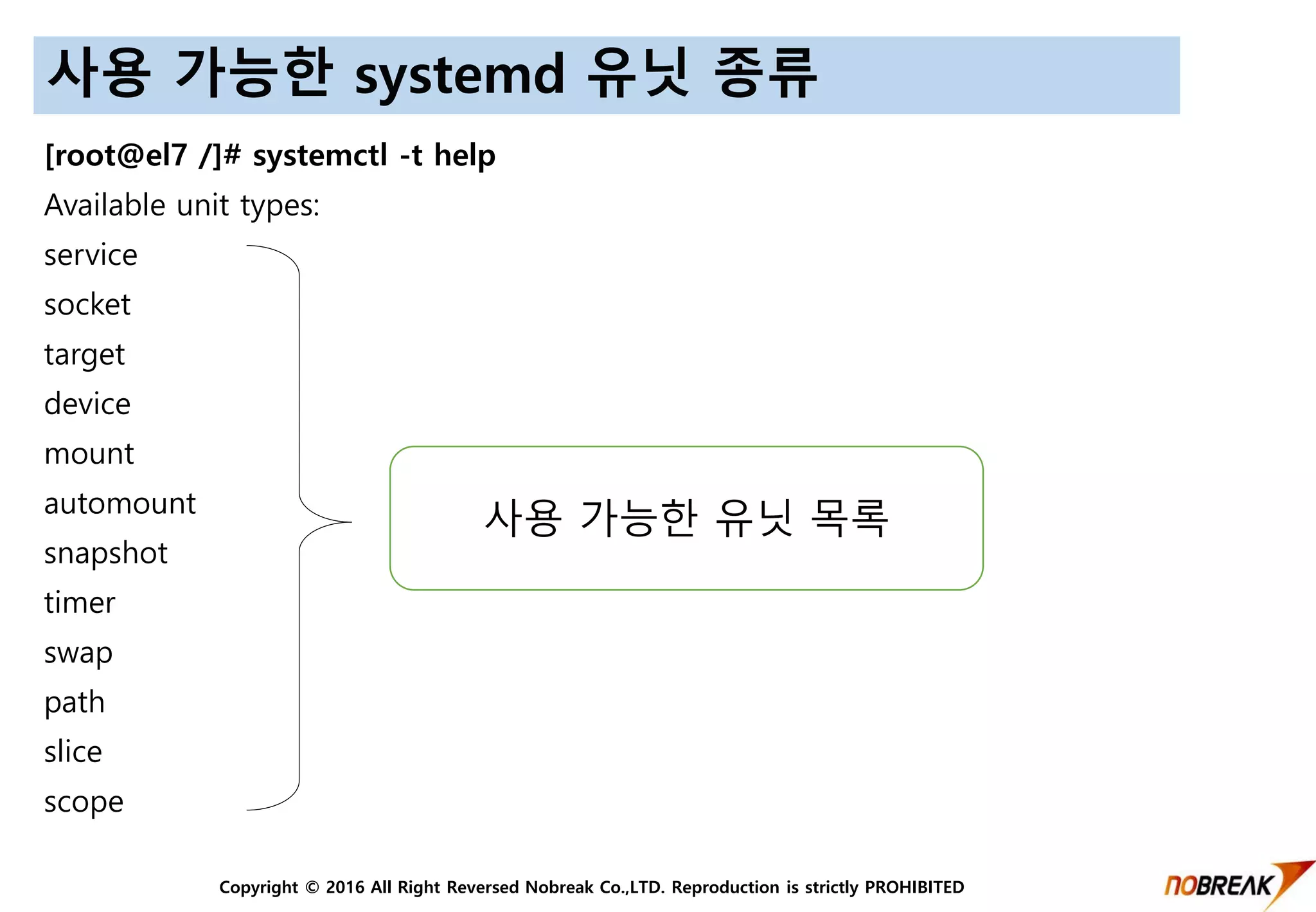 Copyright © 2016 All Right Reversed Nobreak Co.,LTD. Reproduction is strictly PROHIBITED
사용 가능한 systemd 유닛 종류
[root@el7 /]# systemctl -t help
Available unit types:
service
socket
target
device
mount
automount
snapshot
timer
swap
path
slice
scope
사용 가능한 유닛 목록
 