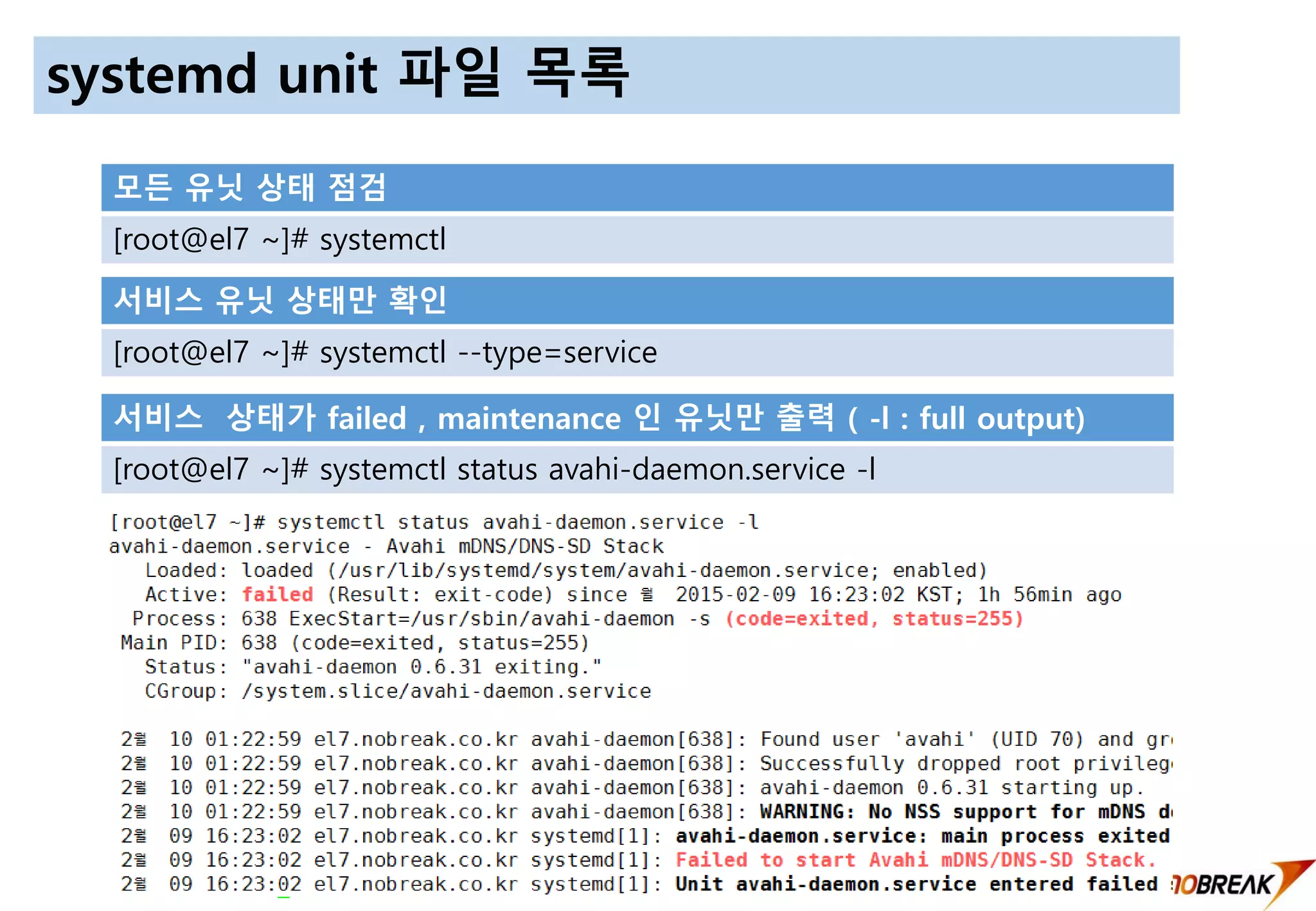 Copyright © 2016 All Right Reversed Nobreak Co.,LTD. Reproduction is strictly PROHIBITED
systemd unit 파일 목록
모든 유닛 상태 점검
[root@el7 ~]# systemctl
서비스 유닛 상태만 확인
[root@el7 ~]# systemctl --type=service
서비스 상태가 failed , maintenance 인 유닛만 출력 ( -l : full output)
[root@el7 ~]# systemctl status avahi-daemon.service -l
 