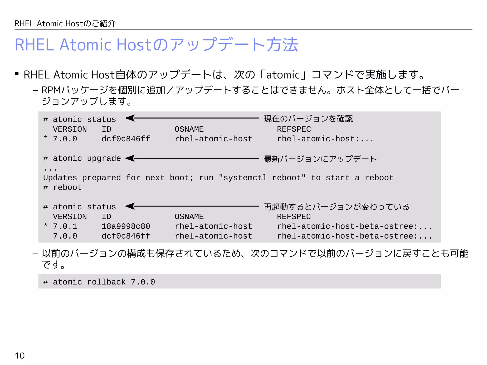 10
RHEL Atomic Hostのご紹介
RHEL Atomic Hostのアップデート方法
 RHEL Atomic Host自体のアップデートは、次の「atomic」コマンドで実施します。
– RPMパッケージを個別に追加／アップデートすることはできません。ホスト全体として一括でバー
ジョンアップします。
– 以前のバージョンの構成も保存されているため、次のコマンドで以前のバージョンに戻すことも可能
です。
# atomic status
VERSION ID OSNAME REFSPEC
* 7.0.0 dcf0c846ff rhel-atomic-host rhel-atomic-host:...
# atomic upgrade
...
Updates prepared for next boot; run "systemctl reboot" to start a reboot
# reboot
# atomic status
VERSION ID OSNAME REFSPEC
* 7.0.1 18a9998c80 rhel-atomic-host rhel-atomic-host-beta-ostree:...
7.0.0 dcf0c846ff rhel-atomic-host rhel-atomic-host-beta-ostree:...
現在のバージョンを確認
最新バージョンにアップデート
再起動するとバージョンが変わっている
# atomic rollback 7.0.0
 