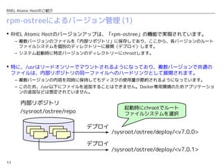 11
RHEL Atomic Hostのご紹介
rpm-ostreeによるバージョン管理 (1)
 RHEL Atomic Hostのバージョンアップは、「rpm-ostree」の機能で実現されています。
– 複数バージョンのファイルを「内部リポジトリ」に保存してあり、ここから、各バージョンのルート
ファイルシステムを個別のディレクトリーに展開（デプロイ）します。
– システム起動時に特定バージョンのディレクトリーにchrootします。
 特に、/usrはリードオンリーでマウントされるようになっており、複数バージョンで共通の
ファイルは、内部リポジトリの同一ファイルへのハードリンクとして展開されます。
– 複数バージョンの内容を同時に保持してもディスクの使用量が節約されるようになっています。
– このため、/usr以下にファイルを追加することはできません。Docker専用環境のためアプリケーショ
ンの追加などは想定されていません。
/sysroot/ostree/repo
/sysroot/ostree/deploy/<v7.0.0>
デプロイ
/sysroot/ostree/deploy/<v7.0.1>
デプロイ
内部リポジトリ
起動時にchrootでルート
ファイルシステムを選択
 
