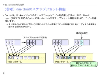 9
RHEL Atomic Hostのご紹介
（参考）dm-thinのスナップショット機能
 Dockerは、Dockerイメージのスナップショットコピーを多用しますが、RHEL Atomic
Host（RHEL7）対応のDockerでは、dm-thinのスナップショット機能を用いて、コピーを作
成します。
– 差分領域のみに新しいブロックが割り当てるため高速にコピーを取得すると共に、ディスク使用量を
節約する効果があります。
A B C
スナップショット作成直後
A B C A B C
ブロックプール
・・・ A B C D
A B C A B D
書き込み発生
・・・
ブロックプール
書き込んだ部分は
新しいブロックを割り当てる
 