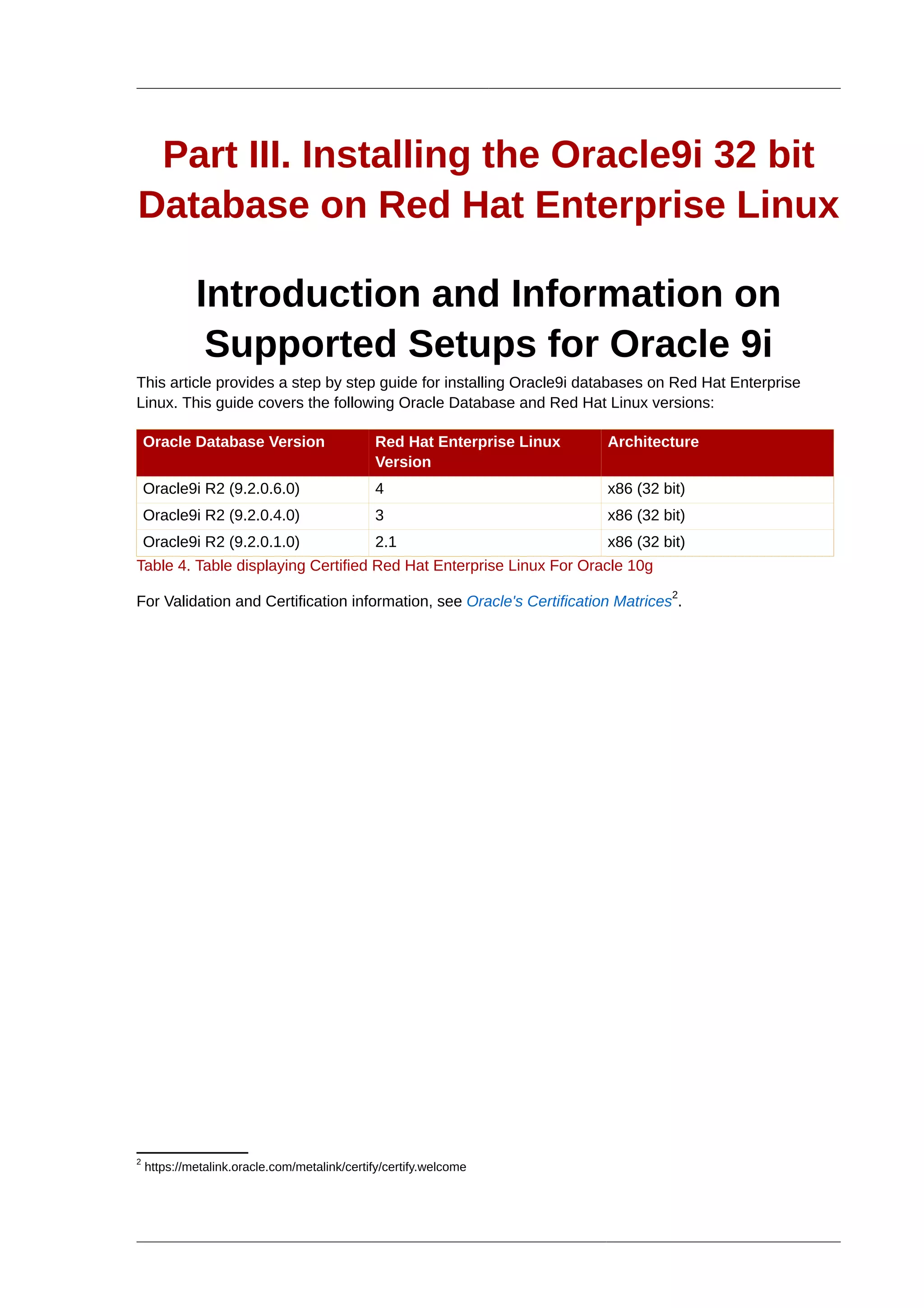 Part III. Installing the Oracle9i 32 bit
Database on Red Hat Enterprise Linux

             Introduction and Information on
              Supported Setups for Oracle 9i
This article provides a step by step guide for installing Oracle9i databases on Red Hat Enterprise
Linux. This guide covers the following Oracle Database and Red Hat Linux versions:

    Oracle Database Version                   Red Hat Enterprise Linux   Architecture
                                              Version
    Oracle9i R2 (9.2.0.6.0)                   4                          x86 (32 bit)
    Oracle9i R2 (9.2.0.4.0)                   3                          x86 (32 bit)
    Oracle9i R2 (9.2.0.1.0)                   2.1                        x86 (32 bit)
Table 4. Table displaying Certified Red Hat Enterprise Linux For Oracle 10g
                                                                                  2
For Validation and Certification information, see Oracle's Certification Matrices .




2
    https://metalink.oracle.com/metalink/certify/certify.welcome
 