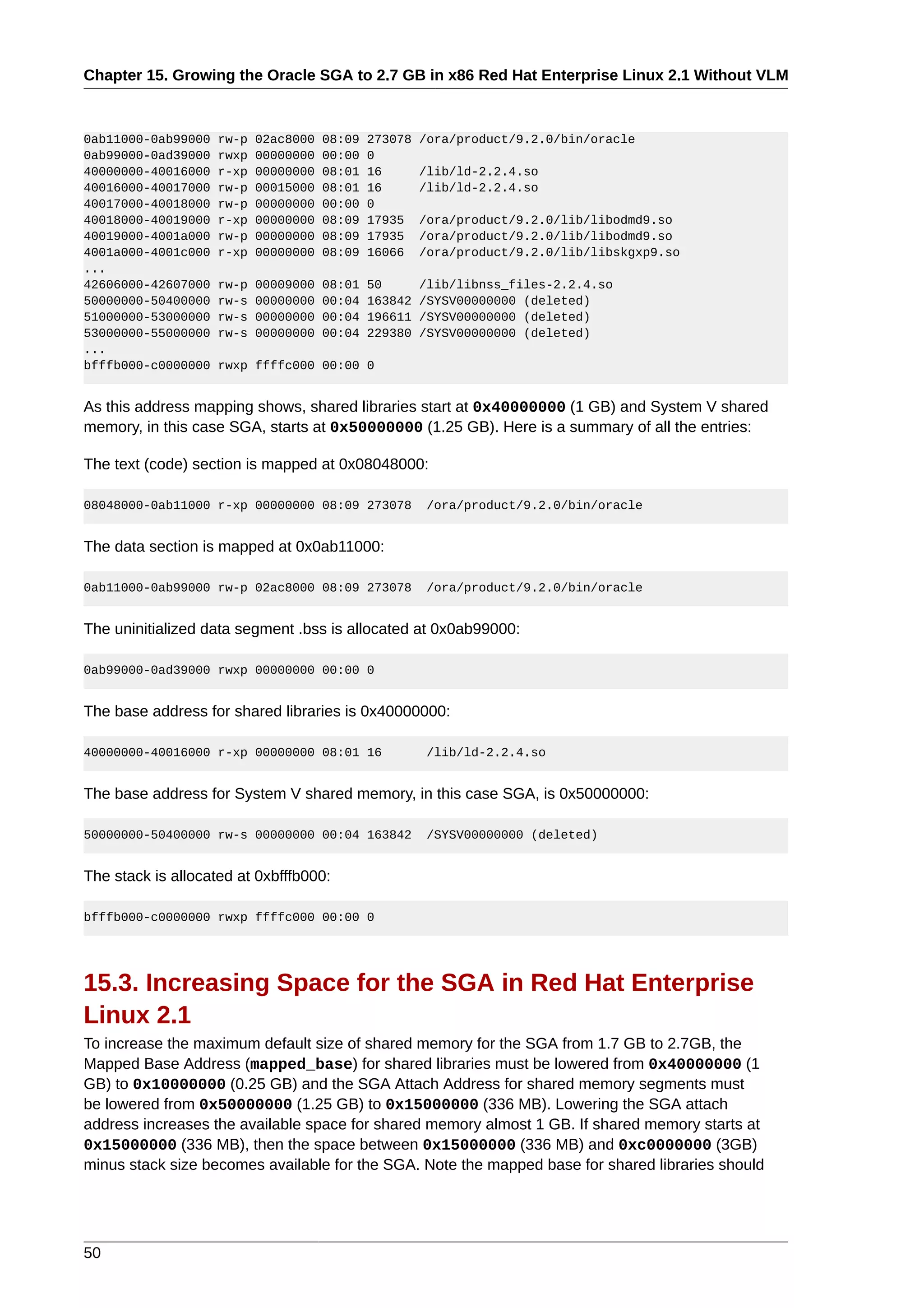 Chapter 15. Growing the Oracle SGA to 2.7 GB in x86 Red Hat Enterprise Linux 2.1 Without VLM



0ab11000-0ab99000   rw-p   02ac8000   08:09   273078   /ora/product/9.2.0/bin/oracle
0ab99000-0ad39000   rwxp   00000000   00:00   0
40000000-40016000   r-xp   00000000   08:01   16       /lib/ld-2.2.4.so
40016000-40017000   rw-p   00015000   08:01   16       /lib/ld-2.2.4.so
40017000-40018000   rw-p   00000000   00:00   0
40018000-40019000   r-xp   00000000   08:09   17935    /ora/product/9.2.0/lib/libodmd9.so
40019000-4001a000   rw-p   00000000   08:09   17935    /ora/product/9.2.0/lib/libodmd9.so
4001a000-4001c000   r-xp   00000000   08:09   16066    /ora/product/9.2.0/lib/libskgxp9.so
...
42606000-42607000   rw-p   00009000   08:01   50       /lib/libnss_files-2.2.4.so
50000000-50400000   rw-s   00000000   00:04   163842   /SYSV00000000 (deleted)
51000000-53000000   rw-s   00000000   00:04   196611   /SYSV00000000 (deleted)
53000000-55000000   rw-s   00000000   00:04   229380   /SYSV00000000 (deleted)
...
bfffb000-c0000000   rwxp ffffc000 00:00 0


As this address mapping shows, shared libraries start at 0x40000000 (1 GB) and System V shared
memory, in this case SGA, starts at 0x50000000 (1.25 GB). Here is a summary of all the entries:

The text (code) section is mapped at 0x08048000:

08048000-0ab11000 r-xp 00000000 08:09 273078            /ora/product/9.2.0/bin/oracle


The data section is mapped at 0x0ab11000:

0ab11000-0ab99000 rw-p 02ac8000 08:09 273078            /ora/product/9.2.0/bin/oracle


The uninitialized data segment .bss is allocated at 0x0ab99000:

0ab99000-0ad39000 rwxp 00000000 00:00 0


The base address for shared libraries is 0x40000000:

40000000-40016000 r-xp 00000000 08:01 16                /lib/ld-2.2.4.so


The base address for System V shared memory, in this case SGA, is 0x50000000:

50000000-50400000 rw-s 00000000 00:04 163842            /SYSV00000000 (deleted)


The stack is allocated at 0xbfffb000:

bfffb000-c0000000 rwxp ffffc000 00:00 0




15.3. Increasing Space for the SGA in Red Hat Enterprise
Linux 2.1
To increase the maximum default size of shared memory for the SGA from 1.7 GB to 2.7GB, the
Mapped Base Address (mapped_base) for shared libraries must be lowered from 0x40000000 (1
GB) to 0x10000000 (0.25 GB) and the SGA Attach Address for shared memory segments must
be lowered from 0x50000000 (1.25 GB) to 0x15000000 (336 MB). Lowering the SGA attach
address increases the available space for shared memory almost 1 GB. If shared memory starts at
0x15000000 (336 MB), then the space between 0x15000000 (336 MB) and 0xc0000000 (3GB)
minus stack size becomes available for the SGA. Note the mapped base for shared libraries should




50
 
