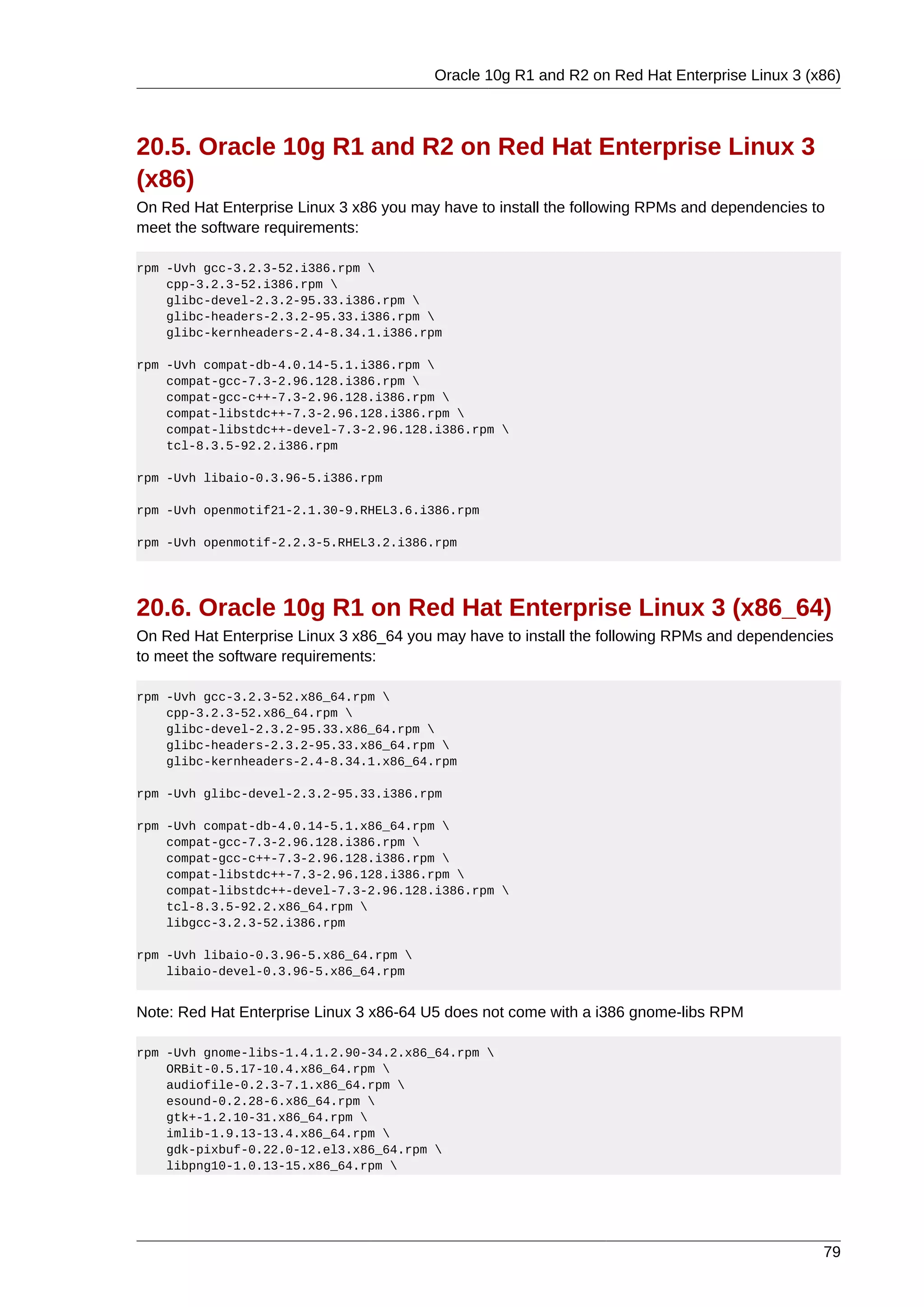 Oracle 10g R1 and R2 on Red Hat Enterprise Linux 3 (x86)



20.5. Oracle 10g R1 and R2 on Red Hat Enterprise Linux 3
(x86)
On Red Hat Enterprise Linux 3 x86 you may have to install the following RPMs and dependencies to
meet the software requirements:

rpm -Uvh gcc-3.2.3-52.i386.rpm 
    cpp-3.2.3-52.i386.rpm 
    glibc-devel-2.3.2-95.33.i386.rpm 
    glibc-headers-2.3.2-95.33.i386.rpm 
    glibc-kernheaders-2.4-8.34.1.i386.rpm

rpm -Uvh compat-db-4.0.14-5.1.i386.rpm 
    compat-gcc-7.3-2.96.128.i386.rpm 
    compat-gcc-c++-7.3-2.96.128.i386.rpm 
    compat-libstdc++-7.3-2.96.128.i386.rpm 
    compat-libstdc++-devel-7.3-2.96.128.i386.rpm 
    tcl-8.3.5-92.2.i386.rpm

rpm -Uvh libaio-0.3.96-5.i386.rpm

rpm -Uvh openmotif21-2.1.30-9.RHEL3.6.i386.rpm

rpm -Uvh openmotif-2.2.3-5.RHEL3.2.i386.rpm




20.6. Oracle 10g R1 on Red Hat Enterprise Linux 3 (x86_64)
On Red Hat Enterprise Linux 3 x86_64 you may have to install the following RPMs and dependencies
to meet the software requirements:

rpm -Uvh gcc-3.2.3-52.x86_64.rpm 
    cpp-3.2.3-52.x86_64.rpm 
    glibc-devel-2.3.2-95.33.x86_64.rpm 
    glibc-headers-2.3.2-95.33.x86_64.rpm 
    glibc-kernheaders-2.4-8.34.1.x86_64.rpm

rpm -Uvh glibc-devel-2.3.2-95.33.i386.rpm

rpm -Uvh compat-db-4.0.14-5.1.x86_64.rpm 
    compat-gcc-7.3-2.96.128.i386.rpm 
    compat-gcc-c++-7.3-2.96.128.i386.rpm 
    compat-libstdc++-7.3-2.96.128.i386.rpm 
    compat-libstdc++-devel-7.3-2.96.128.i386.rpm 
    tcl-8.3.5-92.2.x86_64.rpm 
    libgcc-3.2.3-52.i386.rpm

rpm -Uvh libaio-0.3.96-5.x86_64.rpm 
    libaio-devel-0.3.96-5.x86_64.rpm


Note: Red Hat Enterprise Linux 3 x86-64 U5 does not come with a i386 gnome-libs RPM

rpm -Uvh gnome-libs-1.4.1.2.90-34.2.x86_64.rpm 
    ORBit-0.5.17-10.4.x86_64.rpm 
    audiofile-0.2.3-7.1.x86_64.rpm 
    esound-0.2.28-6.x86_64.rpm 
    gtk+-1.2.10-31.x86_64.rpm 
    imlib-1.9.13-13.4.x86_64.rpm 
    gdk-pixbuf-0.22.0-12.el3.x86_64.rpm 
    libpng10-1.0.13-15.x86_64.rpm 




                                                                                               79
 
