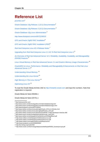 Chapter 39.




Reference List
               1
puschitz.com
                                                                2
Oracle Database 10g Release 1 (10.1) Documentation
                                                                 3
Oracle Database 10g Release 2 (10.2) Documentation
                                                    4
Oracle Database 10g Linux Administration

http://www.bookpool.com/sm/0072230533
                                                5
GFS and Oracle 10gR2 RAC Installation
                                                        6
GFS and Oracle 10gR2 RAC Installation (PDF)
                                                        7
Red Hat Enterprise Linux AS 4 Release Notes
                                                                                       8
Upgrading from Red Hat Enterprise Linux 2.1 AS To Red Hat Enterprise Linux 3

An Overview of Red Hat Advanced Server V2.1 Reliability, Availability, Scalability, and Manageability
                9
(RASM) Features
                                                                                                    10
Linux Virtual Memory in Red Hat Advanced Server 2.1 and Oracle's Memory Usage Characteristics

Oracle9iR2 on Linux: Performance, Reliability and Manageability Enhancements on Red Hat Linux
                    11
Advanced Server 2.1
                                     12
Understanding Virtual Memory.
                                      13
Understanding the Linux Kernel
                                           14
High Memory In The Linux Kernel
                        15
Optimizing Linux I/O

To read the Oracle MetaLink links refer to http://metalink.oracle.com and input the numbers. Note that
registration is required.

Oracle MetaLink Note:200266.1

Oracle MetaLink Note:225751.1
1
  http://www.puschitz.com/
2
  http://www.oracle.com/technology/documentation/database10g.html
3
  http://www.oracle.com/technology/documentation/database10gr2.html
4
  http://www.bookpool.com/sm/0072230533
5
  http://www.redhat.com/docs/manuals/csgfs/Oracle_GFS-en-US/index.html
6
  http://www.redhat.com/docs/manuals/csgfs/pdf/Oracle_GFS.pdf
7
  http://www.redhat.com/docs/manuals/enterprise/RHEL-4-Manual/release-notes/as-x86/
8
  http://www.oracle.com/technology/pub/notes/technote_rhel3.html
9
  http://www.redhat.com/whitepapers/rhel/AdvServerRASMpdfRev2.pdf
10
   http://www.redhat.com/whitepapers/rhel/OracleonLinux.pdf
11
   http://www.redhat.com/whitepapers/rhel/OracleonLinux.pdf
12
   http://www.redhat.com/magazine/001nov04/features/vm/
13
   http://www.bookpool.com/sm/0596005652
14
   http://kerneltrap.org/node/2450
15
   http://www.oracle.com/technology/deploy/availability/pdf/S939_SusairajLee.ppt.pdf




                                                                                                   151
 