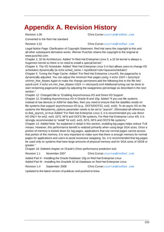 Appendix A. Revision History
Revision 1.00                                      Chris Curran ccurran@redhat.com
Converted to the Red Hat standard
Revision 1.01                                      Chris Curran ccurran@redhat.com
Legal Notice Page: Clarification of Copyright Statement. Red Hat owns the copyright to this and
all other subsequent derivative works. Werner Puschitz retains the copyright to the original at
www.puschitz.com.
Chapter 2, 32 bit Architecture: Added “In Red Hat Enterprise Linux 5, a 32 bit kernel is always a
hugemem kernel so there is no need to install a special kernel.”
Chapter 4, The I/O Scheduler: Added “Red Hat Enterprise Linux 5 in fact allows users to change I/O
schedulers dynamically (ie echo sched_name > /sys/block/<sdx>/queue/scheduler)”
Chapter 5, Tuning the Page Cache: Added “For Red Hat Enterprise Linux4/5, the pagecache is
dynamically adjusted. You can adjust the minimum free pages using; # echo 1024 > /proc/sys/
vm/min_free_kbytes Again to make the change permanent,add the following line to the file /etc/
sysctl.conf; # echo vm.min_free_kbytes=1024 >> /etc/sysctl.conf Additional tuning can be done to
start reclaiming pagecache pages by adjusting the swappiness percentage as described in the next
section.”
Chapter 12: Changed title to “Enabling Asynchronous I/O and Direct I/O Support
Chapter 12, Enabling Asynchronous I/O in Oracle 9i and 10g: Added “If you use file systems
instead of raw devices or ASM for data files, then you need to ensure that the datafiles reside on
file systems that support asynchronous I/O (e.g., OCFS/OCFS2, ext2, ext3). To do async I/O on file
systems the filesystemio_options parameter needs to be set to "asynch". Eliminated all references
to disk_asynch_io=true Added “For Red Hat Enterprise Linux 3, it is recommended you use direct
I/O ONLY for ext2, ext3, GFS, NFS and OCFS file systems. For Red Hat Enterprise Linux 4/5, it is
strongly recommended to “setall” for ext2, ext3, GFS, NFS and OCFS file systems.”
Chapter 14: Added Note “As explained in detail in this section, enabling big pages helps reduce TLB
misses. However, this performance benefit is realized primarily when using large SGA sizes. Once a
portion of memory is locked down for big pages, applications that use normal pages cannot access
that portion of the memory. It is very important to make sure that there is enough memory for normal
pages for applications and users to avoid excessive swapping. So, it is recommended that big pages
be used only on systems that have large amounts of physical memory and for SGA sizes of 16GB or
greater.”
Chapter 18: Deleted chapter on Oracle's Orion performance prediction tool
Revision 1.1     November 2007                     Chris Curran ccurran@redhat.com
Added Part II - Installing the Oracle Database 10g on Red Hat Enterprise Linux
Added Part III - Installing the Oracle9i 32 bit Database on Red Hat Enterprise Linux
Revision 1.4     September 2008                    Chris Curran ccurran@redhat.com
Updated to the latest version of publican and pushed to brew.




                                                                                                 153
 
