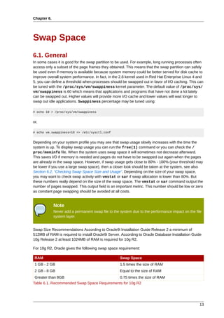 Chapter 6.




Swap Space
6.1. General
In some cases it is good for the swap partition to be used. For example, long running processes often
access only a subset of the page frames they obtained. This means that the swap partition can safely
be used even if memory is available because system memory could be better served for disk cache to
improve overall system performance. In fact, in the 2.6 kernel used in Red Hat Enterprise Linux 4 and
5, you can define a threshold when processes should be swapped out in favor of I/O caching. This can
be tuned with the /proc/sys/vm/swappiness kernel parameter. The default value of /proc/sys/
vm/swappiness is 60 which means that applications and programs that have not done a lot lately
can be swapped out. Higher values will provide more I/O cache and lower values will wait longer to
swap out idle applications. Swappiness percentage may be tuned using:

# echo 10 > /proc/sys/vm/swappiness


or,

# echo vm.swappiness=10 >> /etc/sysctl.conf


Depending on your system profile you may see that swap usage slowly increases with the time the
system is up. To display swap usage you can run the free(1) command or you can check the /
proc/meminfo file. When the system uses swap space it will sometimes not decrease afterward.
This saves I/O if memory is needed and pages do not have to be swapped out again when the pages
are already in the swap space. However, if swap usage gets close to 80% - 100% (your threshold may
be lower if you use a large swap space), then a closer look should be taken at the system, see also
Section 6.2, “Checking Swap Space Size and Usage”. Depending on the size of your swap space,
you may want to check swap activity with vmstat or sar if swap allocation is lower than 80%. But
these numbers really depend on the size of the swap space. The vmstat or sar command output the
number of pages swapped. This output field is an important metric. This number should be low or zero
as constant page swapping should be avoided at all costs.


             Note
             Never add a permanent swap file to the system due to the performance impact on the file
             system layer.


Swap Size Recommendations According to Oracle9i Installation Guide Release 2 a minimum of
512MB of RAM is required to install Oracle9i Server. According to Oracle Database Installation Guide
10g Release 2 at least 1024MB of RAM is required for 10g R2.

For 10g R2, Oracle gives the following swap space requirement:

 RAM                                                Swap Space
 1 GB - 2 GB                                        1.5 times the size of RAM
 2 GB - 8 GB                                        Equal to the size of RAM
 Greater than 8GB                                   0.75 times the size of RAM
Table 6.1. Recommended Swap Space Requirements for 10g R2




                                                                                                  13
 