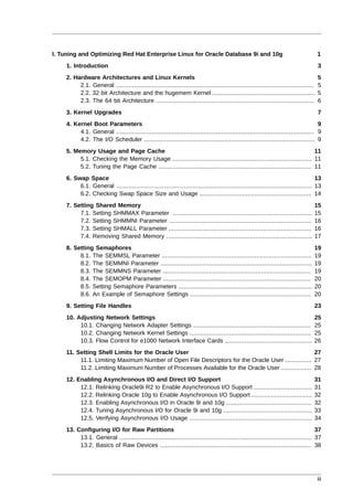 I. Tuning and Optimizing Red Hat Enterprise Linux for Oracle Database 9i and 10g                                                        1
    1. Introduction                                                                                                                     3
    2. Hardware Architectures and Linux Kernels                                                                                         5
         2.1. General ...............................................................................................................   5
         2.2. 32 bit Architecture and the hugemem Kernel ..........................................................                     5
         2.3. The 64 bit Architecture .........................................................................................         6
    3. Kernel Upgrades                                                                                                                  7
    4. Kernel Boot Parameters                                                                                                         9
         4.1. General ............................................................................................................... 9
         4.2. The I/O Scheduler ................................................................................................ 9
    5. Memory Usage and Page Cache                                                                                         11
         5.1. Checking the Memory Usage .............................................................................. 11
         5.2. Tuning the Page Cache ...................................................................................... 11
    6. Swap Space                                                                                                                    13
         6.1. General .............................................................................................................. 13
         6.2. Checking Swap Space Size and Usage ............................................................... 14
    7. Setting Shared Memory                                                                                                        15
         7.1. Setting SHMMAX Parameter ..............................................................................               15
         7.2. Setting SHMMNI Parameter ................................................................................             16
         7.3. Setting SHMALL Parameter ................................................................................             16
         7.4. Removing Shared Memory ..................................................................................             17
    8. Setting Semaphores                                                                                                           19
         8.1. The SEMMSL Parameter ....................................................................................             19
         8.2. The SEMMNI Parameter .....................................................................................            19
         8.3. The SEMMNS Parameter ...................................................................................              19
         8.4. The SEMOPM Parameter ...................................................................................              20
         8.5. Setting Semaphore Parameters ...........................................................................              20
         8.6. An Example of Semaphore Settings ....................................................................                 20
    9. Setting File Handles                                                                                                         23
    10. Adjusting Network Settings                                                                                                  25
         10.1. Changing Network Adapter Settings ..................................................................                 25
         10.2. Changing Network Kernel Settings ....................................................................                25
         10.3. Flow Control for e1000 Network Interface Cards .................................................                     26
    11. Setting Shell Limits for the Oracle User                                                    27
         11.1. Limiting Maximum Number of Open File Descriptors for the Oracle User ............... 27
         11.2. Limiting Maximum Number of Processes Available for the Oracle User ................. 28
    12. Enabling Asynchronous I/O and Direct I/O Support                                                                            31
         12.1. Relinking Oracle9i R2 to Enable Asynchronous I/O Support .................................                           31
         12.2. Relinking Oracle 10g to Enable Asynchronous I/O Support ..................................                           32
         12.3. Enabling Asynchronous I/O in Oracle 9i and 10g ................................................                      32
         12.4. Tuning Asynchronous I/O for Oracle 9i and 10g ..................................................                     33
         12.5. Verifying Asynchronous I/O Usage .....................................................................               34
    13. Configuring I/O for Raw Partitions                                                                                          37
         13.1. General ............................................................................................................ 37
         13.2. Basics of Raw Devices ..................................................................................... 38




                                                                                                                                        iii
 