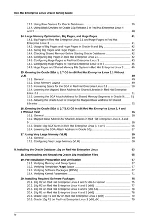 Red Hat Enterprise Linux Oracle Tuning Guide



            13.3. Using Raw Devices for Oracle Databases .......................................................... 39
            13.4. Using Block Devices for Oracle 10g Release 2 in Red Hat Enterprise Linux 4
            and 5 ....................................................................................................................... 40
     14. Large Memory Optimization, Big Pages, and Huge Pages                                                                                41
          14.1. Big Pages in Red Hat Enterprise Linux 2.1 and Huge Pages in Red Hat
          Enterprise Linux 3 .....................................................................................................           41
          14.2. Usage of Big Pages and Huge Pages in Oracle 9i and 10g .................................                                     42
          14.3. Sizing Big Pages and Huge Pages ....................................................................                         42
          14.4. Checking Shared Memory Before Starting Oracle Databases ...............................                                      42
          14.5. Configuring Big Pages in Red Hat Enterprise Linux 2.1 .......................................                                42
          14.6. Configuring Huge Pages in Red Hat Enterprise Linux 3 .......................................                                 43
          14.7. Configuring Huge Pages in Red Hat Enterprise Linux 4 or 5 ................................                                   45
          14.8. Huge Pages and Shared Memory File System in Red Hat Enterprise Linux 3 ........                                              46
     15. Growing the Oracle SGA to 2.7 GB in x86 Red Hat Enterprise Linux 2.1 Without
     VLM                                                                                                                                 49
          15.1. General ............................................................................................................ 49
          15.2. Linux Memory Layout ....................................................................................... 49
          15.3. Increasing Space for the SGA in Red Hat Enterprise Linux 2.1 ............................ 50
          15.4. Lowering the Mapped Base Address for Shared Libraries in Red Hat Enterprise
          Linux 2.1 .................................................................................................................. 51
          15.5. Lowering the SGA Attach Address for Shared Memory Segments in Oracle 9i....... 51
          15.6. Allowing the Oracle User to Change the Mapped Base Address for Shared
          Libraries .................................................................................................................... 52
     16. Growing the Oracle SGA to 2.7/3.42 GB in x86 Red Hat Enterprise Linux 3, 4 and
     5 Without VLM                                                                                                                           55
          16.1. General ............................................................................................................         55
          16.2. Mapped Base Address for Shared Libraries in Red Hat Enterprise Linux 3, 4 and
          5 ..............................................................................................................................   55
          16.3. Oracle 10g SGA Sizes in Red Hat Enterprise Linux 3, 4 or 5 ...............................                                   56
          16.4. Lowering the SGA Attach Address in Oracle 10g ................................................                               57
     17. Using Very Large Memory (VLM)                                                                                               59
          17.1. General ............................................................................................................ 59
          17.2. Configuring Very Large Memory (VLM) .............................................................. 60


II. Installing the Oracle Database 10g on Red Hat Enterprise Linux                                                                           63
     18. Downloading and Unpacking Oracle 10g Installation Files                                                                             65
     19. Pre-Installation Preparation and Verification                                                                                       67
          19.1. Verifying Memory and Swap Space ...................................................................                          67
          19.2. Verifying Temporary(/tmp) Space ......................................................................                       67
          19.3. Verifying Software Packages (RPMs) .................................................................                         67
          19.4. Verifying Kernel Parameters ..............................................................................                   71
     20. Installing Required Software Packages                                                                                               75
           20.1. 10g R2 on Red Hat Enterprise Linux 4 and 5 x86-64 version ...............................                                   75
           20.2. 10g R2 on Red Hat Enterprise Linux 4 and 5 (x86) .............................................                              77
           20.3. 10g R1 on Red Hat Enterprise Linux 4 and 5 (x86-64) ........................................                                78
           20.4. 10g R1 on Red Hat Enterprise Linux 4 and 5 (x86) .............................................                              78
           20.5. Oracle 10g R1 and R2 on Red Hat Enterprise Linux 3 (x86) ................................                                   79
           20.6. Oracle 10g R1 on Red Hat Enterprise Linux 3 (x86_64) ......................................                                 79




iv
 