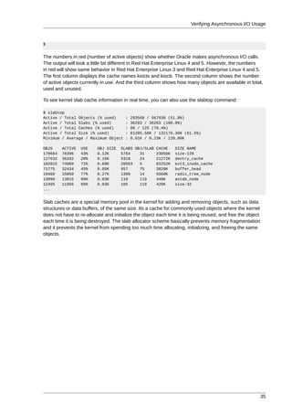 Verifying Asynchronous I/O Usage



$


The numbers in red (number of active objects) show whether Oracle makes asynchronous I/O calls.
The output will look a little bit different in Red Hat Enterprise Linux 4 and 5. However, the numbers
in red will show same behavior in Red Hat Enterprise Linux 3 and Red Hat Enterprise Linux 4 and 5.
The first column displays the cache names kioctx and kiocb. The second column shows the number
of active objects currently in use. And the third column shows how many objects are available in total,
used and unused.

To see kernel slab cache information in real time, you can also use the slabtop command:

$ slabtop
Active / Total Objects (% used)        :   293568 / 567030 (51.8%)
Active / Total Slabs (% used)          :   36283 / 36283 (100.0%)
Active / Total Caches (% used)         :   88 / 125 (70.4%)
Active / Total Size (% used)           :   81285.56K / 132176.36K (61.5%)
Minimum / Average / Maximum Object     :   0.01K / 0.23K / 128.00K

OBJS     ACTIVE   USE    OBJ SIZE    SLABS OBJ/SLAB CACHE      SIZE NAME
178684   78396    43%    0.12K       5764    31     23056K     size-128
127632   36292    28%    0.16K       5318    24     21272K     dentry_cache
102815   74009    71%    0.69K       20563   5      82252K     ext3_inode_cache
71775    32434    45%    0.05K       957     75     3828K      buffer_head
19460    15050    77%    0.27K       1390    14     5560K      radix_tree_node
13090    13015    99%    0.03K       110     119    440K       avtab_node
12495    11956    95%    0.03K       105     119    420K       size-32
...


Slab caches are a special memory pool in the kernel for adding and removing objects, such as data
structures or data buffers, of the same size. Its a cache for commonly used objects where the kernel
does not have to re-allocate and initialize the object each time it is being reused, and free the object
each time it is being destroyed. The slab allocator scheme basically prevents memory fragmentation
and it prevents the kernel from spending too much time allocating, initializing, and freeing the same
objects.




                                                                                                           35
 