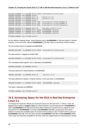 Chapter 15. Growing the Oracle SGA to 2.7 GB in x86 Red Hat Enterprise Linux 2.1 Without VLM



0ab11000-0ab99000   rw-p   02ac8000   08:09   273078   /ora/product/9.2.0/bin/oracle
0ab99000-0ad39000   rwxp   00000000   00:00   0
40000000-40016000   r-xp   00000000   08:01   16       /lib/ld-2.2.4.so
40016000-40017000   rw-p   00015000   08:01   16       /lib/ld-2.2.4.so
40017000-40018000   rw-p   00000000   00:00   0
40018000-40019000   r-xp   00000000   08:09   17935    /ora/product/9.2.0/lib/libodmd9.so
40019000-4001a000   rw-p   00000000   08:09   17935    /ora/product/9.2.0/lib/libodmd9.so
4001a000-4001c000   r-xp   00000000   08:09   16066    /ora/product/9.2.0/lib/libskgxp9.so
...
42606000-42607000   rw-p   00009000   08:01   50       /lib/libnss_files-2.2.4.so
50000000-50400000   rw-s   00000000   00:04   163842   /SYSV00000000 (deleted)
51000000-53000000   rw-s   00000000   00:04   196611   /SYSV00000000 (deleted)
53000000-55000000   rw-s   00000000   00:04   229380   /SYSV00000000 (deleted)
...
bfffb000-c0000000   rwxp ffffc000 00:00 0


As this address mapping shows, shared libraries start at 0x40000000 (1 GB) and System V shared
memory, in this case SGA, starts at 0x50000000 (1.25 GB). Here is a summary of all the entries:

The text (code) section is mapped at 0x08048000:

08048000-0ab11000 r-xp 00000000 08:09 273078            /ora/product/9.2.0/bin/oracle


The data section is mapped at 0x0ab11000:

0ab11000-0ab99000 rw-p 02ac8000 08:09 273078            /ora/product/9.2.0/bin/oracle


The uninitialized data segment .bss is allocated at 0x0ab99000:

0ab99000-0ad39000 rwxp 00000000 00:00 0


The base address for shared libraries is 0x40000000:

40000000-40016000 r-xp 00000000 08:01 16                /lib/ld-2.2.4.so


The base address for System V shared memory, in this case SGA, is 0x50000000:

50000000-50400000 rw-s 00000000 00:04 163842            /SYSV00000000 (deleted)


The stack is allocated at 0xbfffb000:

bfffb000-c0000000 rwxp ffffc000 00:00 0




15.3. Increasing Space for the SGA in Red Hat Enterprise
Linux 2.1
To increase the maximum default size of shared memory for the SGA from 1.7 GB to 2.7GB, the
Mapped Base Address (mapped_base) for shared libraries must be lowered from 0x40000000 (1
GB) to 0x10000000 (0.25 GB) and the SGA Attach Address for shared memory segments must
be lowered from 0x50000000 (1.25 GB) to 0x15000000 (336 MB). Lowering the SGA attach
address increases the available space for shared memory almost 1 GB. If shared memory starts at
0x15000000 (336 MB), then the space between 0x15000000 (336 MB) and 0xc0000000 (3GB)
minus stack size becomes available for the SGA. Note the mapped base for shared libraries should




50
 
