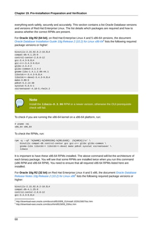 Chapter 19. Pre-Installation Preparation and Verification



everything work safely, securely and accurately. This section contains a list Oracle Database versions
and versions of Red Hat Enterprise Linux. The list details which packages are required and how to
assess whether the correct RPMs are present.

For Oracle 10g R2 (64 bit), on Red Hat Enterprise Linux 4 and 5 x86-64 versions, the document
                                                                        1
Oracle Database Installation Guide 10g Release 2 (10.2) for Linux x86-64 lists the following required
package versions or higher:

binutils-2.15.92.0.2-10.EL4
compat-db-4.1.25-9
control-center-2.8.0-12
gcc-3.4.3-9.EL4
gcc-c++-3.4.3-9.EL4
glibc-2.3.4-2
glibc-common-2.3.4-2
gnome-libs-1.4.1.2.90-44.1
libstdc++-3.4.3-9.EL4
libstdc++-devel-3.4.3-9.EL4
make-3.80-5
pdksh-5.2.14-30
sysstat-5.0.5-1
xscreensaver-4.18-5.rhel4.2




                 Note
                 Install the libaio-0.3.96 RPM or a newer version, otherwise the OUI prerequisite
                 check will fail.


To check if you are running the x86-64 kernel on a x86-64 platform, run:

# uname -mi
x86_64 x86_64


To check the RPMs, run:

rpm -q --qf '%{NAME}-%{VERSION}-%{RELEASE} (%{ARCH})n' 
    binutils compat-db control-center gcc gcc-c++ glibc glibc-common 
    gnome-libs libstdc++ libstdc++-devel make pdksh sysstat xscreensaver 
    libaio


It is important to have these x86-64 RPMs installed. The above command will list the architecture of
each binary package. You will see that some RPMs are installed twice when you run this command
(x86 RPM and x86-64 RPM). You need to ensure that all required x86-64 RPMs listed here are
installed.

For Oracle 10g R2 (32 bit) on Red Hat Enterprise Linux 4 and 5 x86, the document Oracle Database
                                                2
Release Notes 10g Release 2 (10.2) for Linux x86 lists the following required package versions or
higher:

binutils-2.15.92.0.2-10.EL4
compat-db-4.1.25-9
control-center-2.8.0-12
gcc-3.4.3-9.EL4

1
    http://download-east.oracle.com/docs/cd/B19306_01/install.102/b15667/toc.htm
2
    http://download-east.oracle.com/docs/html/B15659_03/toc.htm




68
 