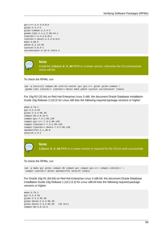 Verifying Software Packages (RPMs)



gcc-c++-3.4.3-9.EL4
glibc-2.3.4-2
glibc-common-2.3.4-2
gnome-libs-1.4.1.2.90-44.1
libstdc++-3.4.3-9.EL4
libstdc++-devel-3.4.3-9.EL4
make-3.80-5
pdksh-5.2.14-30
sysstat-5.0.5-1
xscreensaver-4.18-5.rhel4.2




            Note
            Install the libaio-0.3.96 RPM or a newer version, otherwise the OUI prerequisite
            check will fail.


To check the RPMs, run:

rpm -q binutils compat-db control-center gcc gcc-c++ glibc glibc-common 
 gnome-libs libstdc++ libstdc++-devel make pdksh sysstat xscreensaver libaio


For 10g R2 (32 bit) on Red Hat Enterprise Linux 3 x86, the document Oracle Database Installation
Guide 10g Release 2 (10.2) for Linux x86 lists the following required package versions or higher:

make-3.79.1
gcc-3.2.3-34
glibc-2.3.2-95.20
compat-db-4.0.14-5
compat-gcc-7.3-2.96.128
compat-gcc-c++-7.3-2.96.128
compat-libstdc++-7.3-2.96.128
compat-libstdc++-devel-7.3-2.96.128
openmotif21-2.1.30-8
setarch-1.3-1




            Note
            libaio-0.3.96 RPM or a newer version is required for the OUI to work successfully.



To check the RPMs, run:

rpm -q make gcc glibc compat-db compat-gcc compat-gcc-c++ compat-libstdc++ 
 compat-libstdc++-devel openmotif21 setarch libaio


For Oracle 10g R1 (64 bit) on Red Hat Enterprise Linux 3 x86-64, the document Oracle Database
Installation Guide 10g Release 1 (10.1.0.3) for Linux x86-64 lists the following required package
versions or higher:

make-3.79.1
gcc-3.2.3-34
glibc-2.3.2-95.20
glibc-devel-2.3.2-95.20
glibc-devel-2.3.2-95.20     (32 bit)
compat-db-4.0.14-5




                                                                                                    69
 