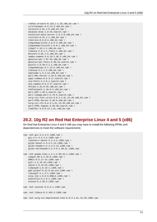 10g R2 on Red Hat Enterprise Linux 4 and 5 (x86)



    redhat-artwork-0.120.1-1.2E.x86_64.rpm 
    scrollkeeper-0.3.14-3.x86_64.rpm 
    cdrecord-2.01.1-5.x86_64.rpm 
    docbook-dtds-1.0-25.noarch.rpm 
    evolution-data-server-1.0.2-9.x86_64.rpm 
    intltool-0.31.2-1.x86_64.rpm 
    libcroco-0.6.0-4.x86_64.rpm 
    libgnomeprint22-2.8.0-3.x86_64.rpm 
    libgnomeprintui22-2.8.0-1.x86_64.rpm 
    libgsf-1.10.1-1.x86_64.rpm 
    libwnck-2.8.1-1.rhel4.1.x86_64.rpm 
    mkisofs-2.01.1-5.x86_64.rpm 
    samba-common-3.0.10-1.4E.2.x86_64.rpm 
    ghostscript-7.07-33.x86_64.rpm 
    ghostscript-fonts-5.50-13.noarch.rpm 
    gnutls-1.0.20-3.2.1.x86_64.rpm 
    libgnomecups-0.1.12-5.x86_64.rpm 
    libsoup-2.2.1-2.x86_64.rpm 
    openjade-1.3.2-14.x86_64.rpm 
    perl-XML-Parser-2.34-5.x86_64.rpm 
    sgml-common-0.6.3-17.noarch.rpm 
    urw-fonts-2.2-6.1.noarch.rpm 
    xml-common-0.6.3-17.noarch.rpm 
    VFlib2-2.25.6-25.x86_64.rpm 
    chkfontpath-1.10.0-2.x86_64.rpm 
    perl-URI-1.30-4.noarch.rpm 
    perl-libwww-perl-5.79-5.noarch.rpm 
    xorg-x11-font-utils-6.8.2-1.EL.13.20.x86_64.rpm 
    perl-HTML-Parser-3.35-6.x86_64.rpm 
    xorg-x11-xfs-6.8.2-1.EL.13.20.x86_64.rpm 
    perl-HTML-Tagset-3.03-30.noarch.rpm 
    ttmkfdir-3.0.9-14.1.EL.x86_64.rpm




20.2. 10g R2 on Red Hat Enterprise Linux 4 and 5 (x86)
On Red Hat Enterprise Linux 4 and 5 x86 you may have to install the following RPMs and
dependencies to meet the software requirements:

rpm -Uvh gcc-3.4.4-2.i386.rpm 
    gcc-c++-3.4.4-2.i386.rpm 
    libstdc++-devel-3.4.4-2.i386.rpm 
    glibc-devel-2.3.4-2.13.i386.rpm 
    glibc-headers-2.3.4-2.13.i386.rpm 
    glibc-kernheaders-2.4-9.1.98.EL.i386.rpm

rpm -Uvh gnome-libs-1.4.1.2.90-44.1.i386.rpm 
    compat-db-4.1.25-9.i386.rpm 
    ORBit-0.5.17-14.i386.rpm 
    gtk+-1.2.10-33.i386.rpm 
    imlib-1.9.13-23.i386.rpm 
    libpng10-1.0.16-1.i386.rpm 
    gdk-pixbuf-0.22.0-16.el4.i386.rpm 
    libungif-4.1.3-1.i386.rpm 
    alsa-lib-1.0.6-5.RHEL4.i386.rpm 
    audiofile-0.2.6-1.i386.rpm 
    esound-0.2.35-2.i386.rpm

rpm -Uvh sysstat-5.0.5-1.i386.rpm

rpm -Uvh libaio-0.3.103-3.i386.rpm

rpm -Uvh xorg-x11-deprecated-libs-6.8.2-1.EL.13.20.i386.rpm




                                                                                               77
 