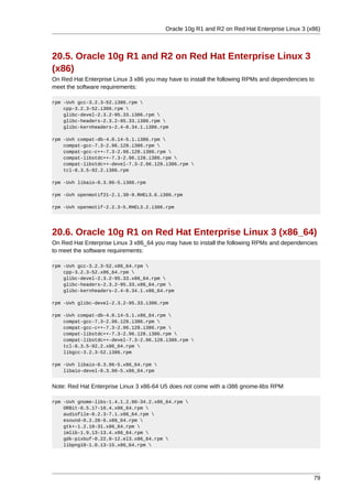 Oracle 10g R1 and R2 on Red Hat Enterprise Linux 3 (x86)



20.5. Oracle 10g R1 and R2 on Red Hat Enterprise Linux 3
(x86)
On Red Hat Enterprise Linux 3 x86 you may have to install the following RPMs and dependencies to
meet the software requirements:

rpm -Uvh gcc-3.2.3-52.i386.rpm 
    cpp-3.2.3-52.i386.rpm 
    glibc-devel-2.3.2-95.33.i386.rpm 
    glibc-headers-2.3.2-95.33.i386.rpm 
    glibc-kernheaders-2.4-8.34.1.i386.rpm

rpm -Uvh compat-db-4.0.14-5.1.i386.rpm 
    compat-gcc-7.3-2.96.128.i386.rpm 
    compat-gcc-c++-7.3-2.96.128.i386.rpm 
    compat-libstdc++-7.3-2.96.128.i386.rpm 
    compat-libstdc++-devel-7.3-2.96.128.i386.rpm 
    tcl-8.3.5-92.2.i386.rpm

rpm -Uvh libaio-0.3.96-5.i386.rpm

rpm -Uvh openmotif21-2.1.30-9.RHEL3.6.i386.rpm

rpm -Uvh openmotif-2.2.3-5.RHEL3.2.i386.rpm




20.6. Oracle 10g R1 on Red Hat Enterprise Linux 3 (x86_64)
On Red Hat Enterprise Linux 3 x86_64 you may have to install the following RPMs and dependencies
to meet the software requirements:

rpm -Uvh gcc-3.2.3-52.x86_64.rpm 
    cpp-3.2.3-52.x86_64.rpm 
    glibc-devel-2.3.2-95.33.x86_64.rpm 
    glibc-headers-2.3.2-95.33.x86_64.rpm 
    glibc-kernheaders-2.4-8.34.1.x86_64.rpm

rpm -Uvh glibc-devel-2.3.2-95.33.i386.rpm

rpm -Uvh compat-db-4.0.14-5.1.x86_64.rpm 
    compat-gcc-7.3-2.96.128.i386.rpm 
    compat-gcc-c++-7.3-2.96.128.i386.rpm 
    compat-libstdc++-7.3-2.96.128.i386.rpm 
    compat-libstdc++-devel-7.3-2.96.128.i386.rpm 
    tcl-8.3.5-92.2.x86_64.rpm 
    libgcc-3.2.3-52.i386.rpm

rpm -Uvh libaio-0.3.96-5.x86_64.rpm 
    libaio-devel-0.3.96-5.x86_64.rpm


Note: Red Hat Enterprise Linux 3 x86-64 U5 does not come with a i386 gnome-libs RPM

rpm -Uvh gnome-libs-1.4.1.2.90-34.2.x86_64.rpm 
    ORBit-0.5.17-10.4.x86_64.rpm 
    audiofile-0.2.3-7.1.x86_64.rpm 
    esound-0.2.28-6.x86_64.rpm 
    gtk+-1.2.10-31.x86_64.rpm 
    imlib-1.9.13-13.4.x86_64.rpm 
    gdk-pixbuf-0.22.0-12.el3.x86_64.rpm 
    libpng10-1.0.13-15.x86_64.rpm 




                                                                                               79
 