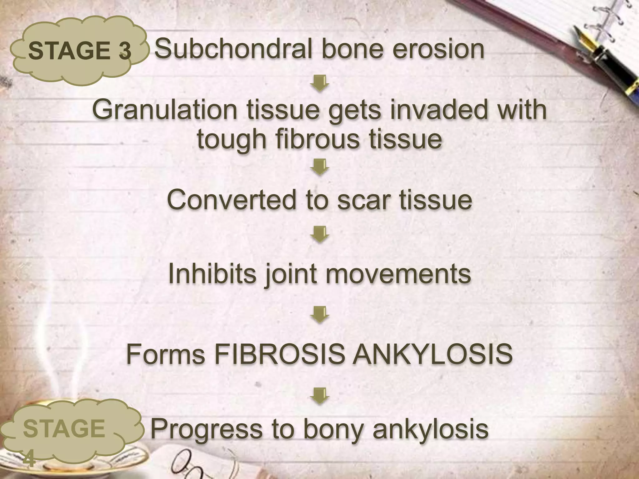 Subchondral bone erosion
Granulation tissue gets invaded with
tough fibrous tissue
Converted to scar tissue
Inhibits joint movements
Forms FIBROSIS ANKYLOSIS
Progress to bony ankylosis
STAGE 3
STAGE
4
 