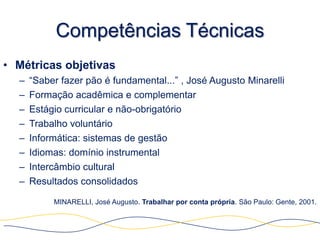 Competências Técnicas
• Métricas objetivas
  –   “Saber fazer pão é fundamental...” , José Augusto Minarelli
  –   Formação acadêmica e complementar
  –   Estágio curricular e não-obrigatório
  –   Trabalho voluntário
  –   Informática: sistemas de gestão
  –   Idiomas: domínio instrumental
  –   Intercâmbio cultural
  –   Resultados consolidados

           MINARELLI, José Augusto. Trabalhar por conta própria. São Paulo: Gente, 2001.
 
