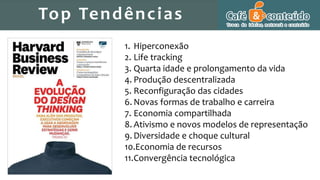 Top Tendências
1. Hiperconexão
2. Life tracking
3. Quarta idade e prolongamento da vida
4. Produção descentralizada
5. Reconfiguração das cidades
6. Novas formas de trabalho e carreira
7. Economia compartilhada
8. Ativismo e novos modelos de representação
9. Diversidade e choque cultural
10.Economia de recursos
11.Convergência tecnológica
 