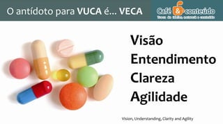 O antídoto para VUCA é... VECA
Visão
Entendimento
Clareza
Agilidade
Vision, Understanding, Clarity and Agility
 