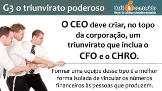 G3 o triunvirato poderoso
Formar uma equipe desse tipo é a melhor
forma isolada de vincular os números
financeiros às pessoas que produzem.
O CEO deve criar, no topo
da corporação, um
triunvirato que inclua o
CFO e o CHRO.
 