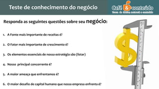 Responda as seguintes questões sobre seu negócio:
1. A Fonte mais importante de receitas é?
2. O Fator mais importante de crescimento é?
3. Os elementos essenciais de nossa estratégia são (listar)
4. Nosso principal concorrente é?
5. A maior ameaça que enfrentamos é?
6. O maior desafio de capital humano que nossa empresa enfrenta é?
Teste de conhecimento do negócio
 